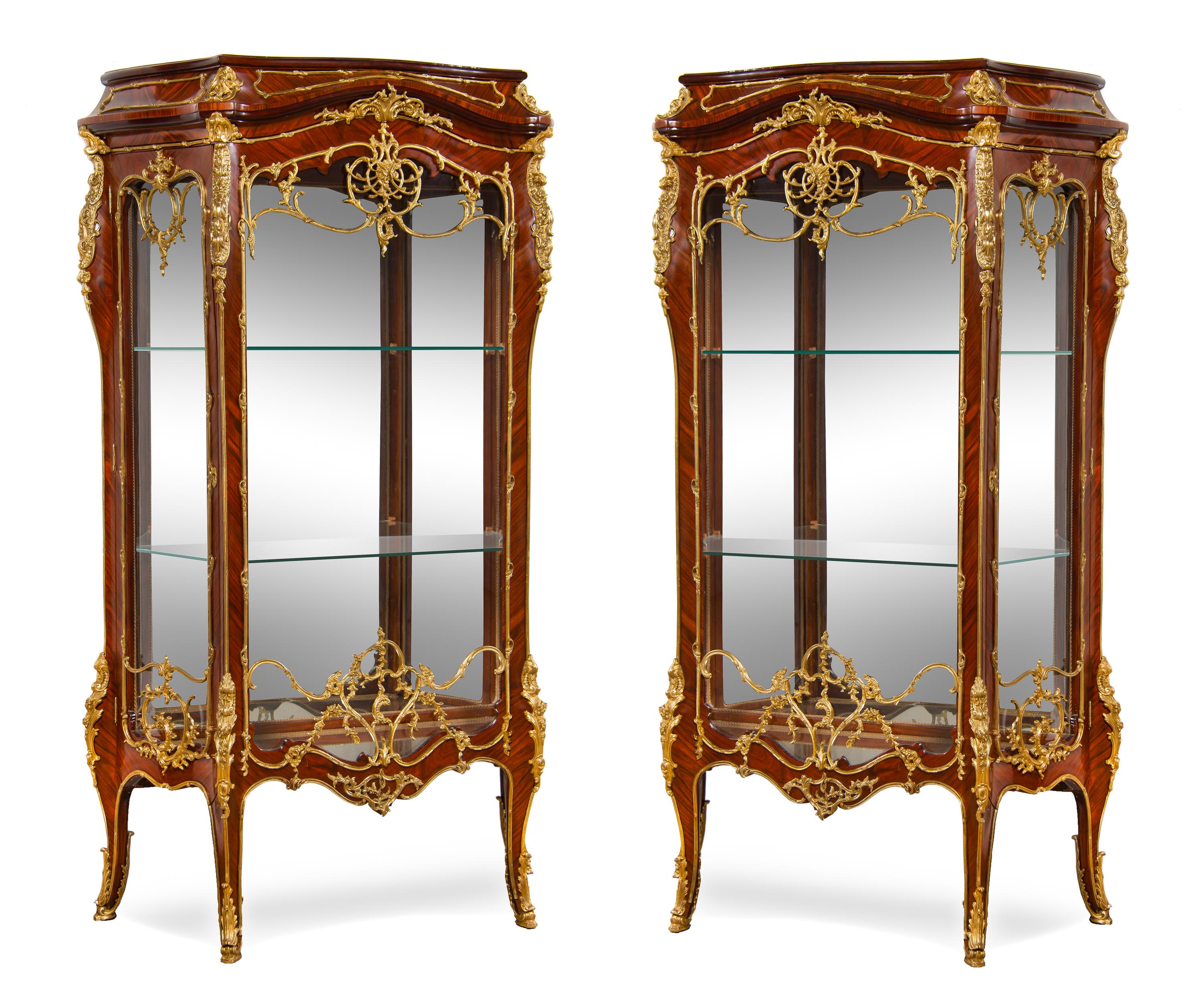 A Pair of Louis XV Style Gilt Bronze Mounted Vitrines Height 71 3/8 x width 42 1/2 x depth 17 inches. — 20TH CENTURY