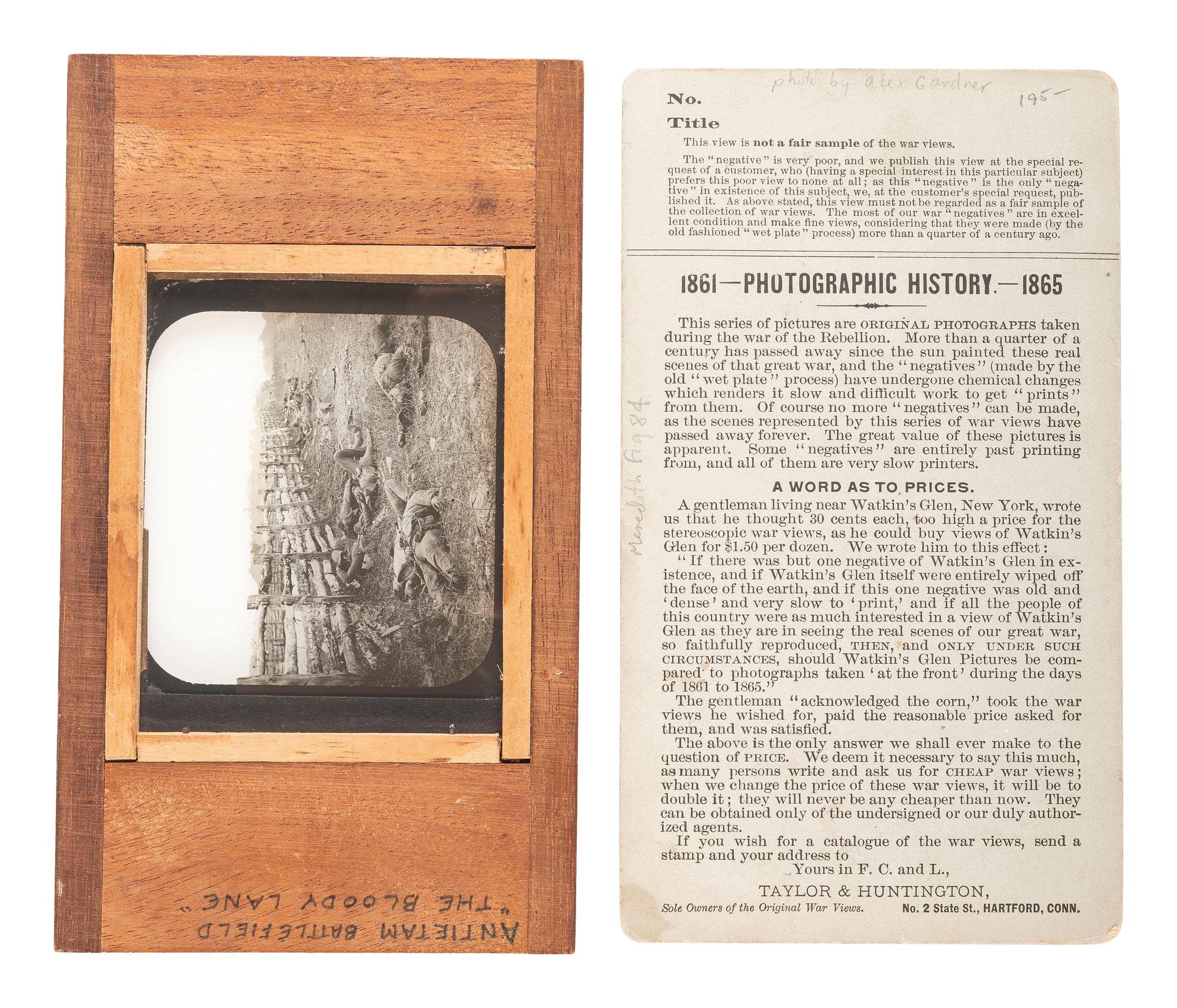[CIVIL WAR]. GARDNER, Alexander, photographer. A group of 2 images of fallen Confederate soldiers at Antietam, including stereoview and magic lantern slide. Hartford, CT: Taylor & Huntington.