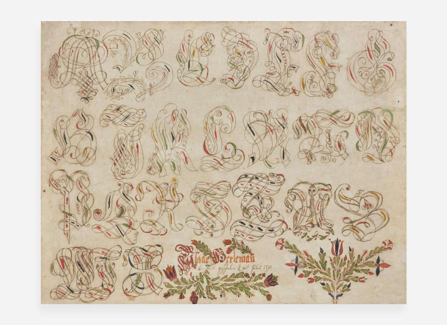 Manner of Johannes Adam Eyer (1755-1837), Fraktur: Birth Record with Calligraphic ABC's for Isaac Berlemann, dated “July 24 1791”