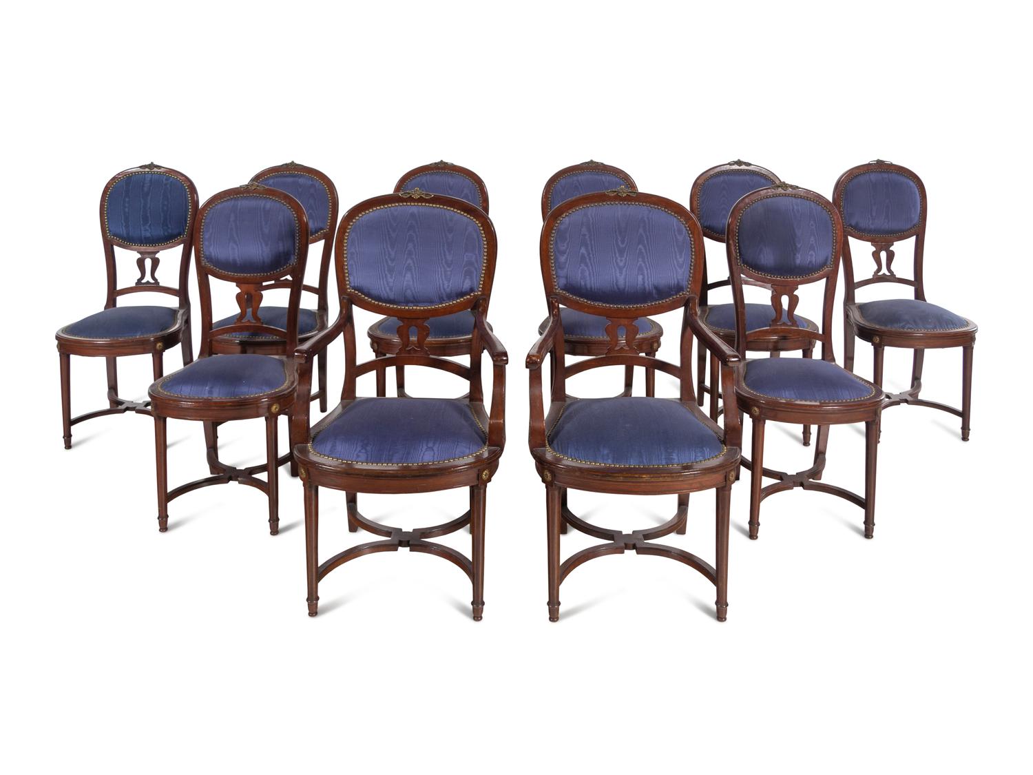 A Set of Ten French Gilt Metal Mounted Dining Chairs