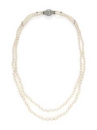 ART DECO, DOUBLE STRAND CULTURED PEARL AND DIAMOND NECKLACE