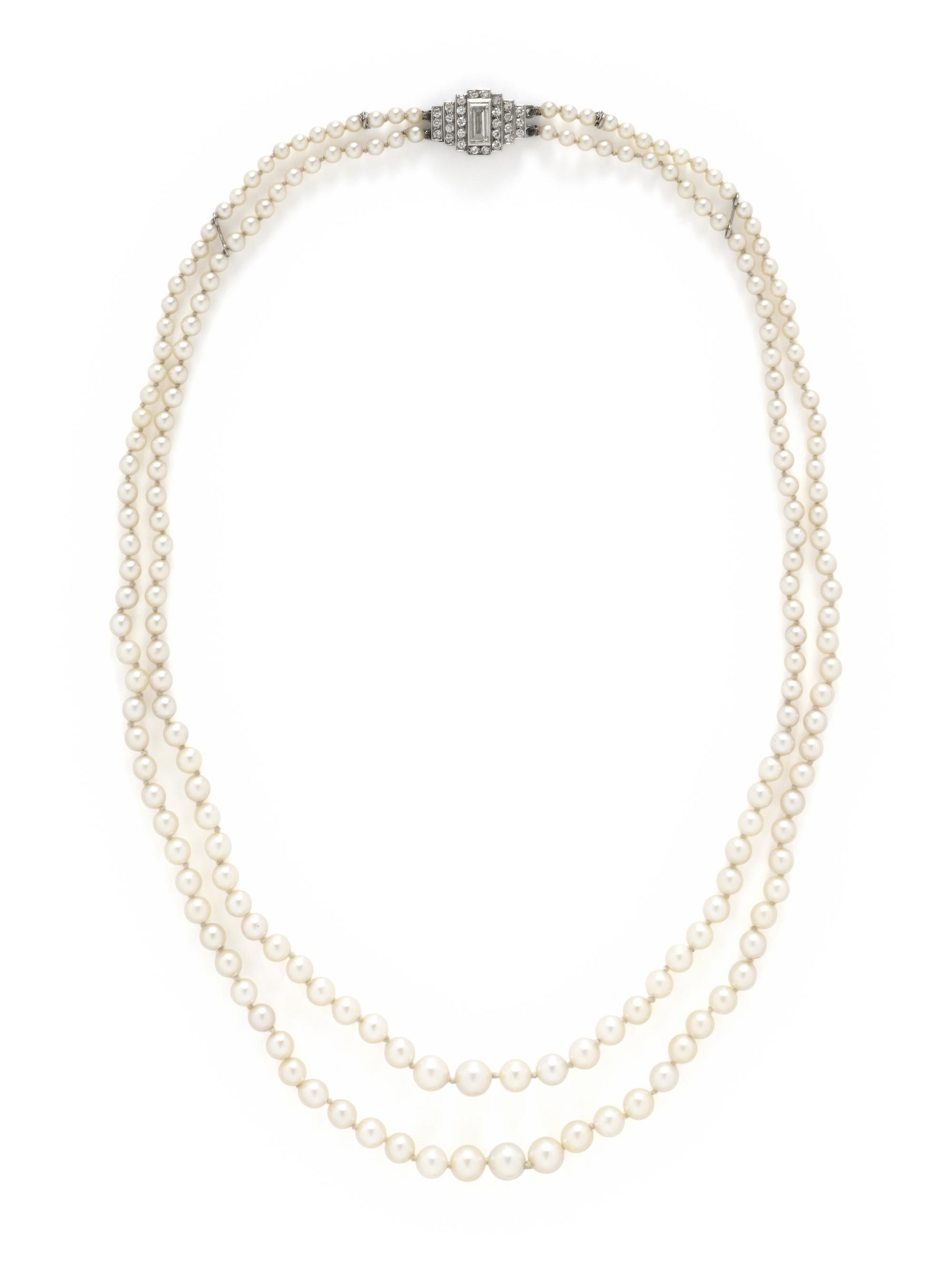 ART DECO, DOUBLE STRAND CULTURED PEARL AND DIAMOND NECKLACE