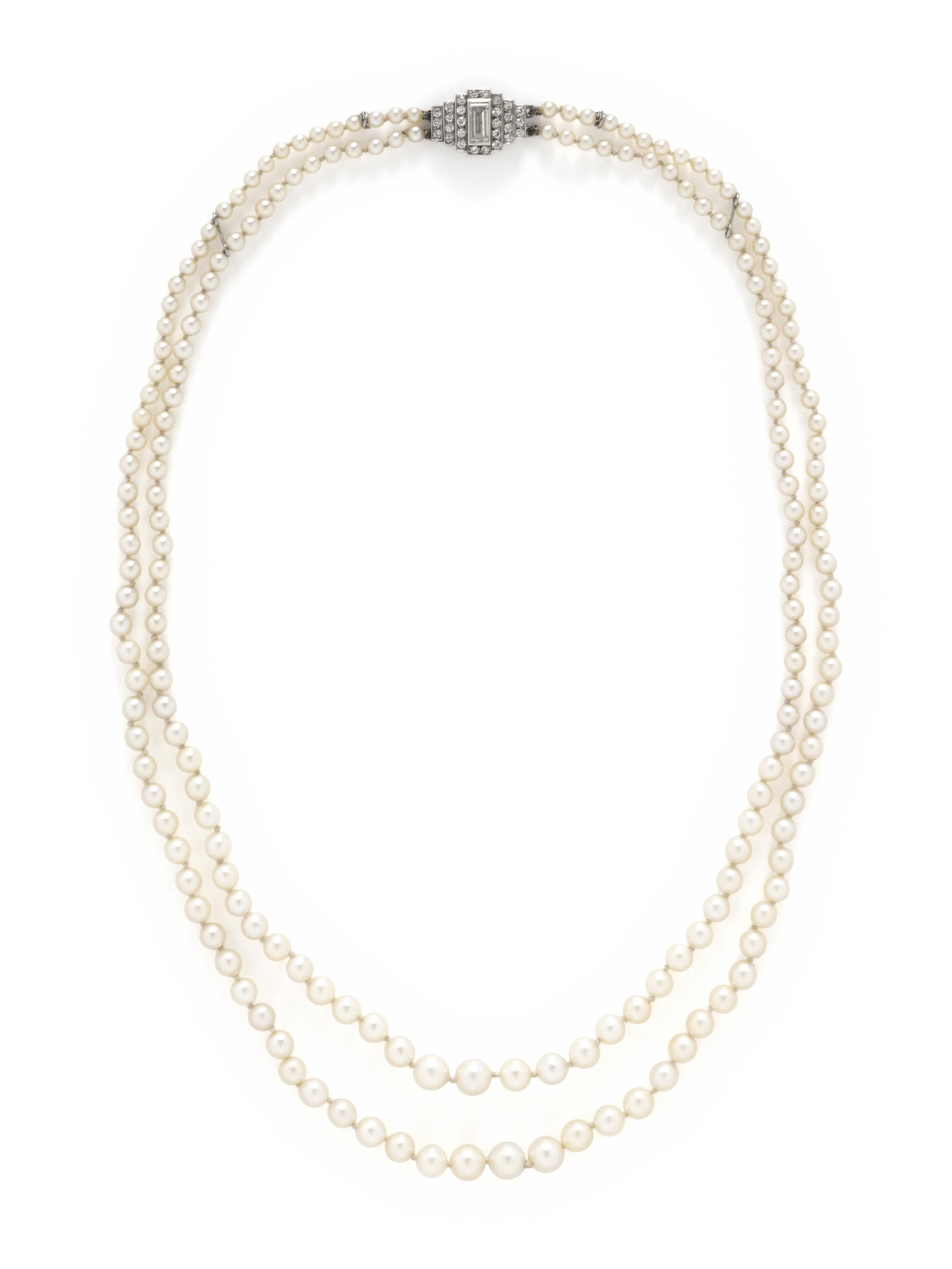 ART DECO, DOUBLE STRAND CULTURED PEARL AND DIAMOND NECKLACE