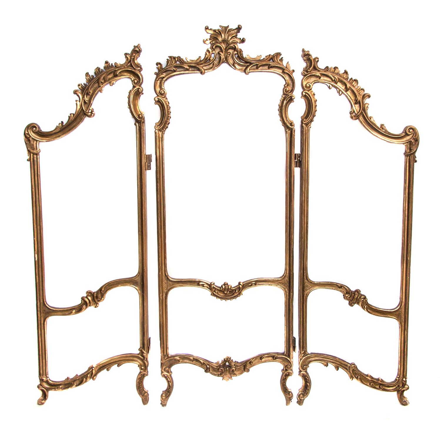 A Louis XV Style Giltwood Three-Panel Floor Screen, Height of central panel 65 inches.