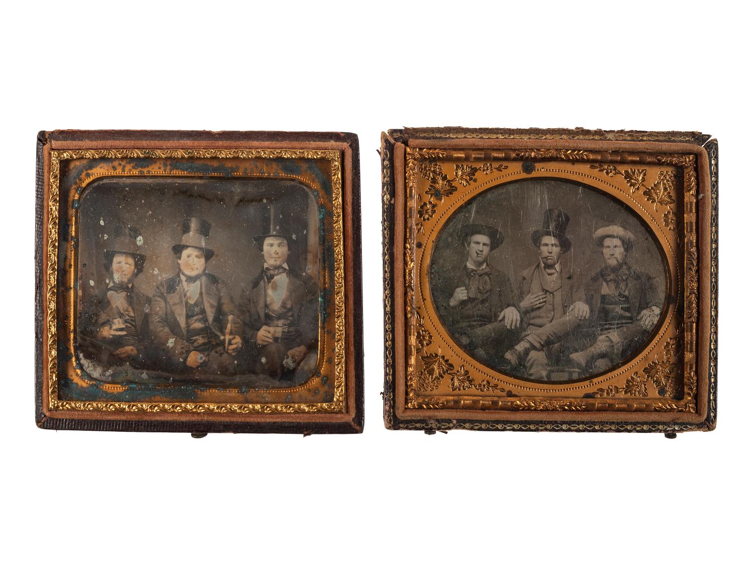 [EARLY PHOTOGRAPHY]. A group of 2 sixth plate daguerreotypes of men smoking and drinking.