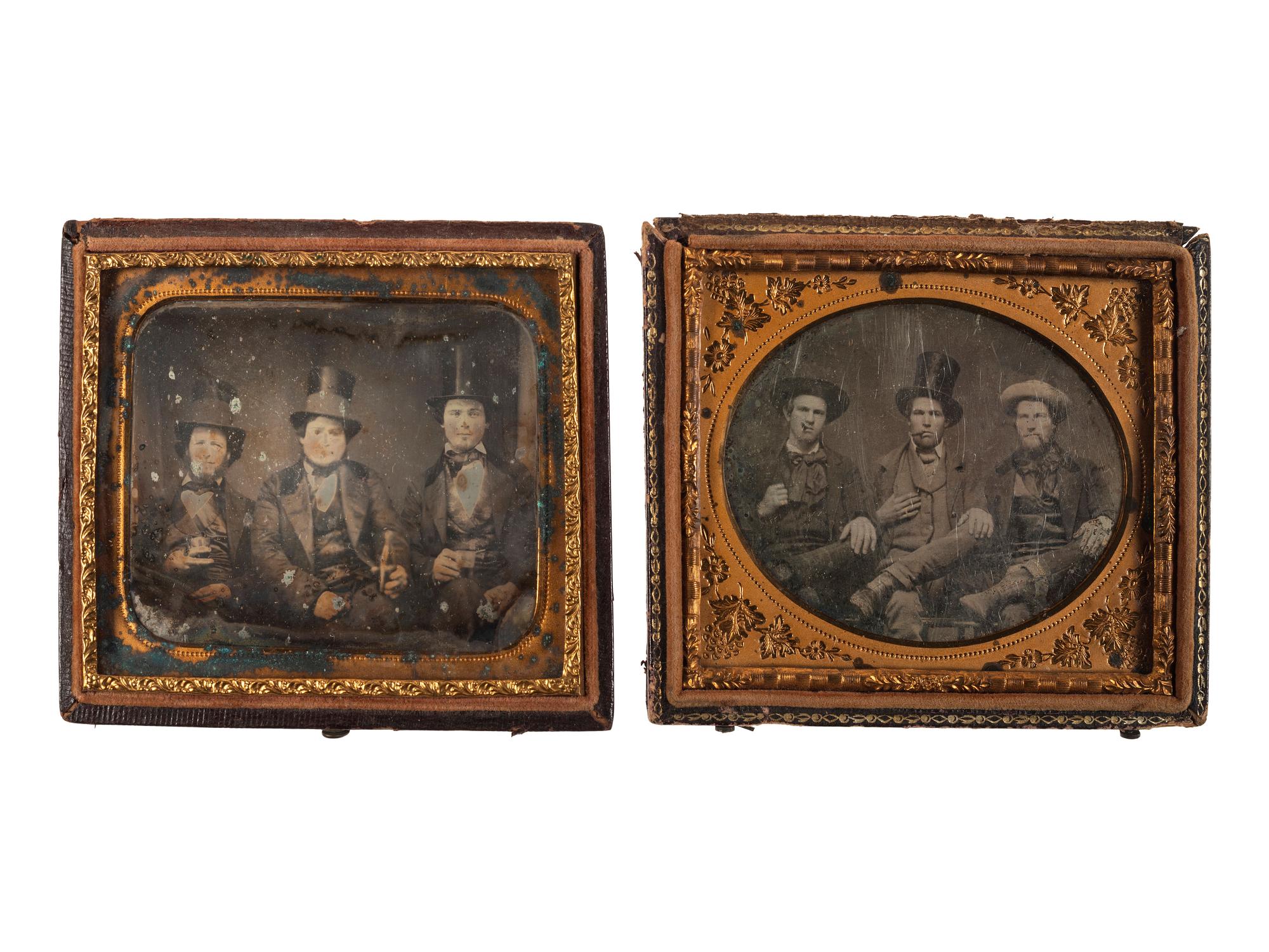 [EARLY PHOTOGRAPHY]. A group of 2 sixth plate daguerreotypes of men smoking and drinking.