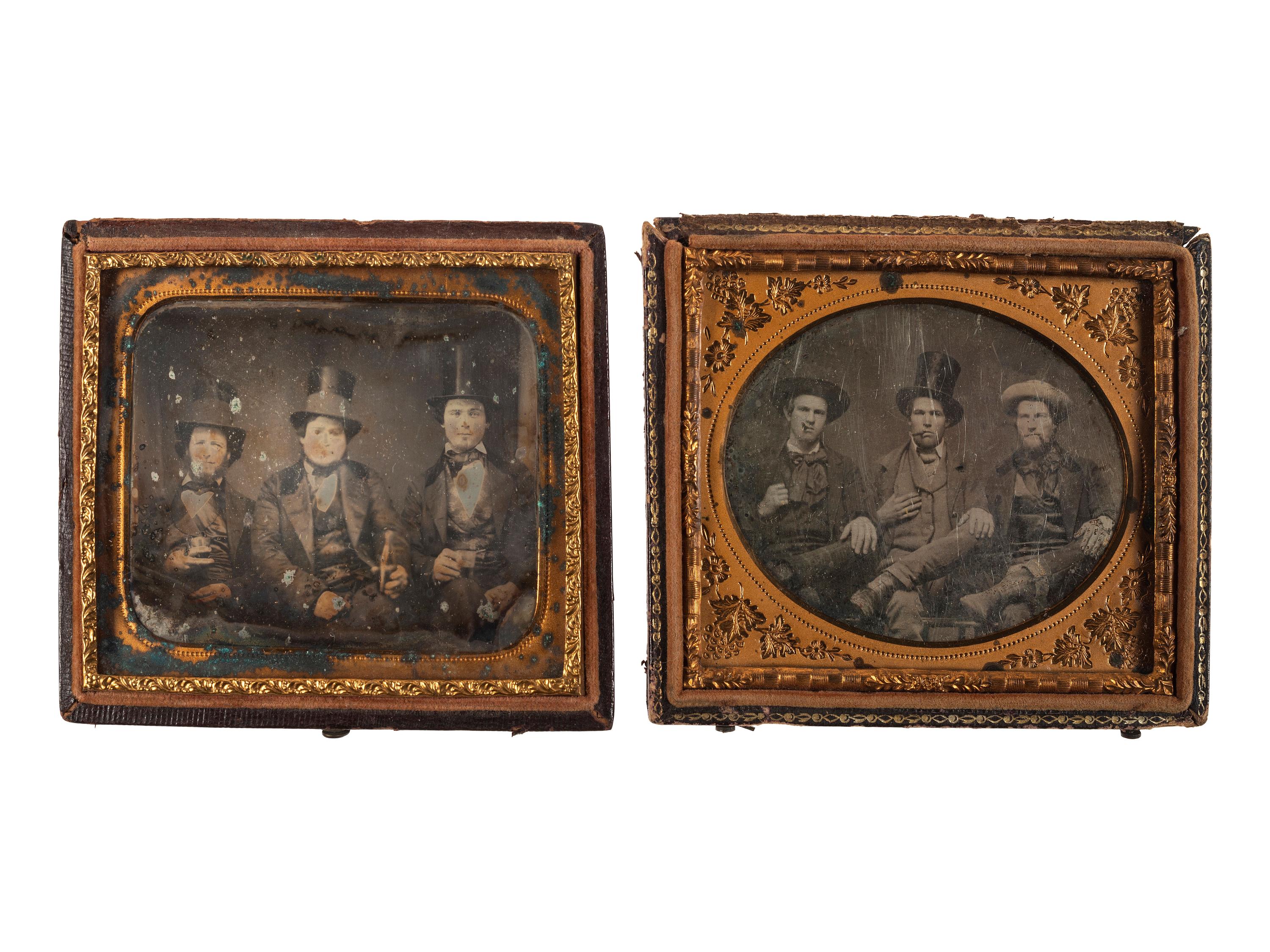 [EARLY PHOTOGRAPHY]. A group of 2 sixth plate daguerreotypes of men smoking and drinking.