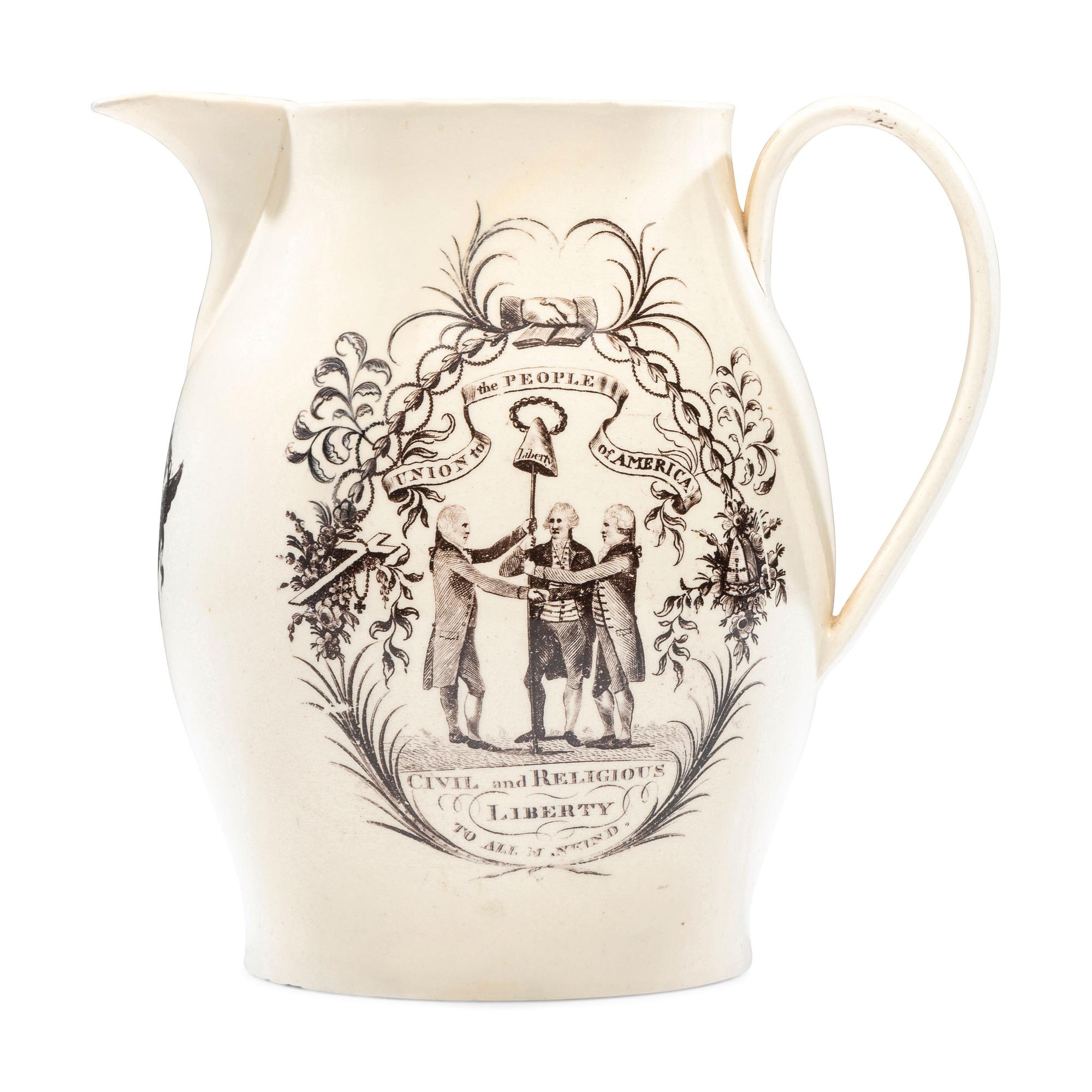 A Liverpool Transfer-Printed Creamware 'Union to the People of America' Pitcher