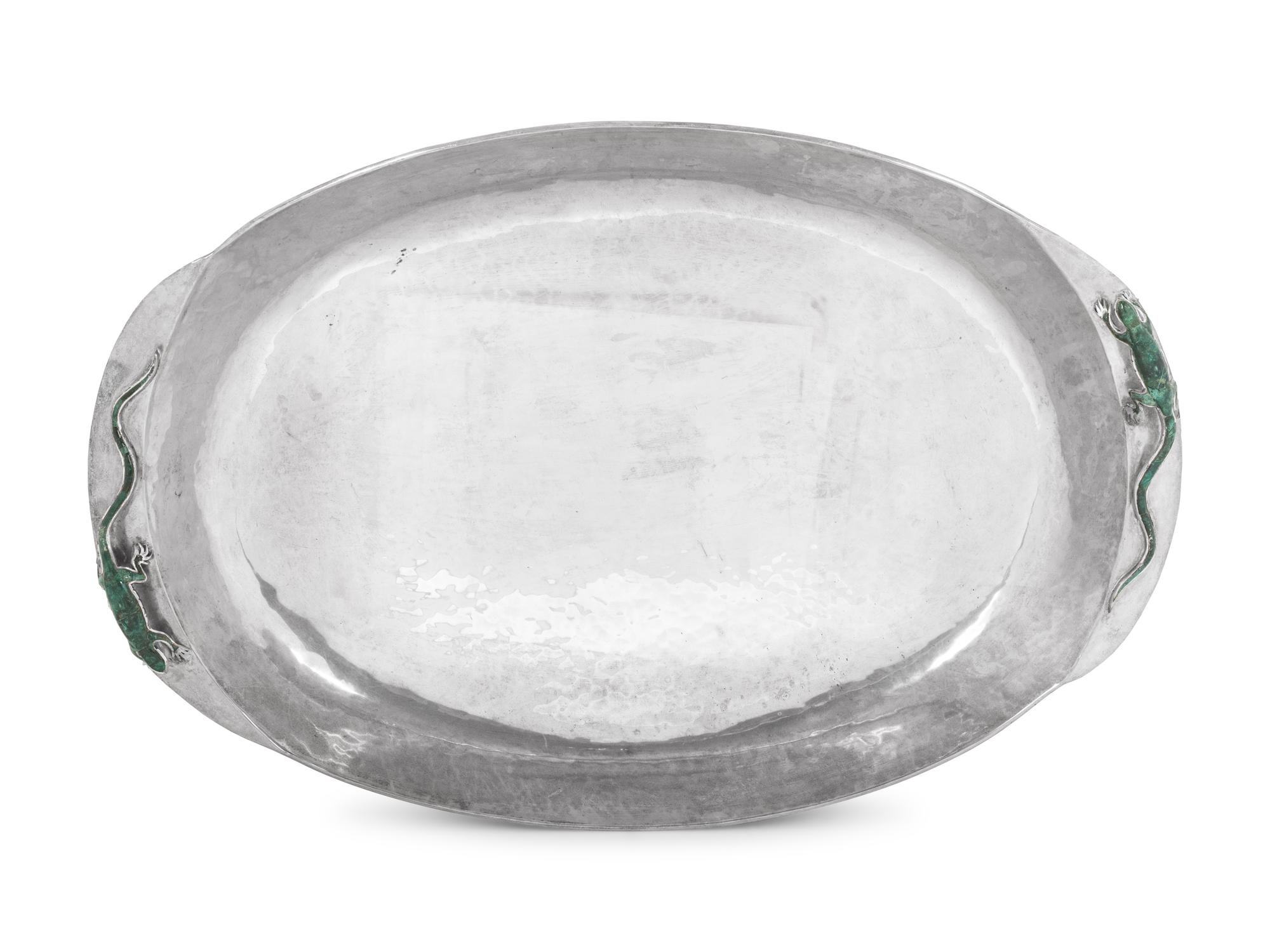 A Mexican Hard Stone Mounted Silver-Plate Platter