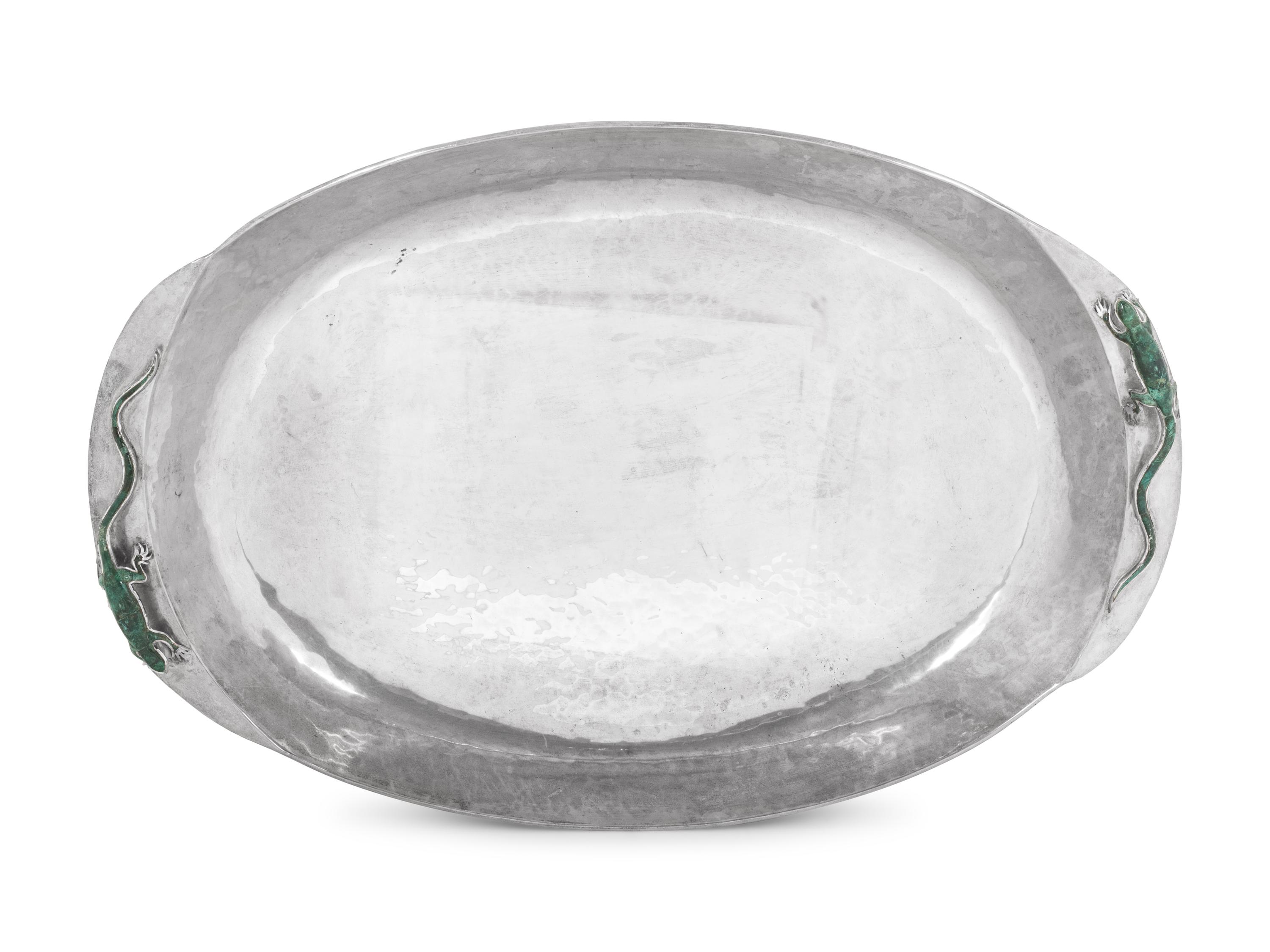 A Mexican Hard Stone Mounted Silver-Plate Platter