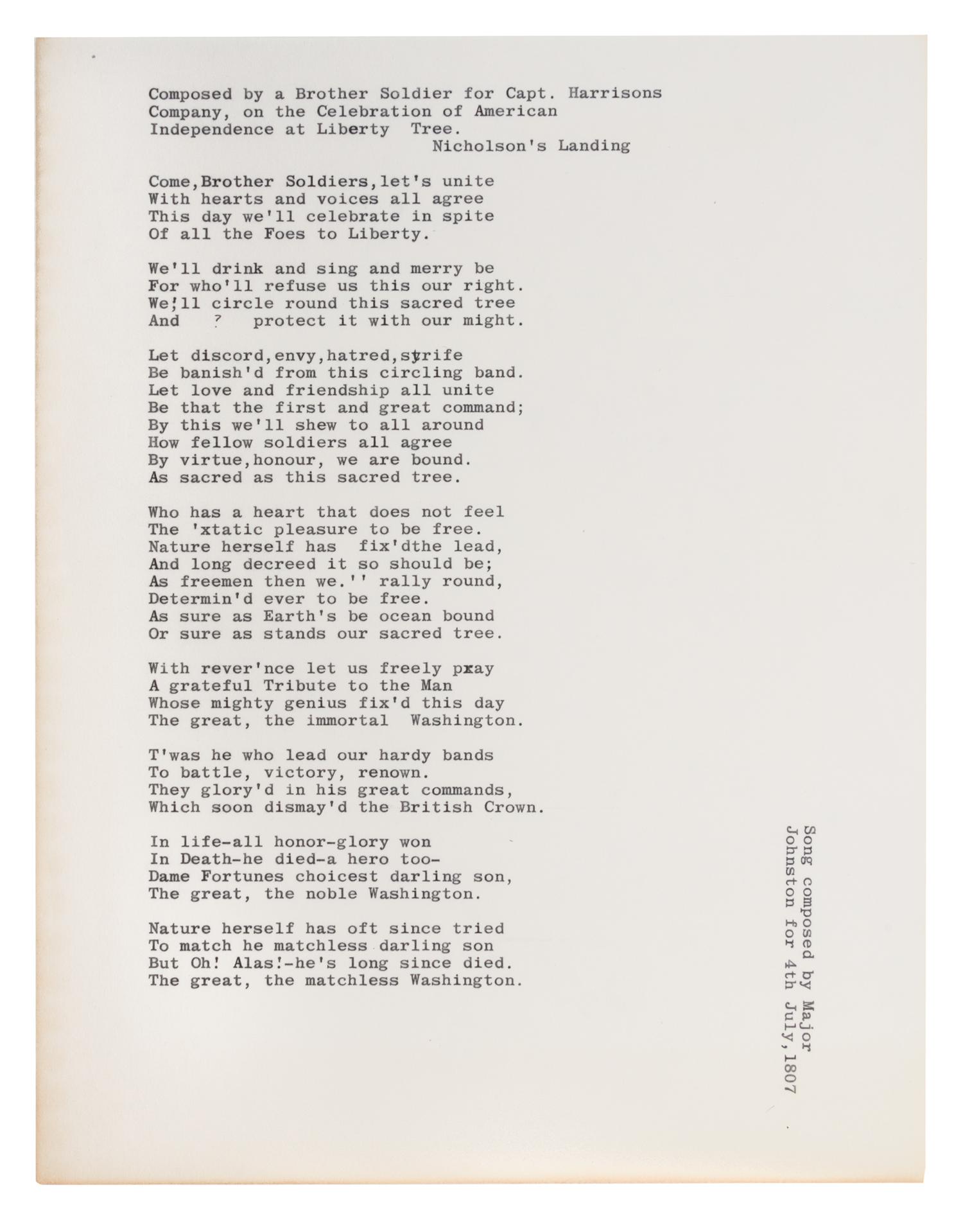 (AMERICANA) Manuscript song composed by Major Johnston for 4th of July, 1807. Two pages.