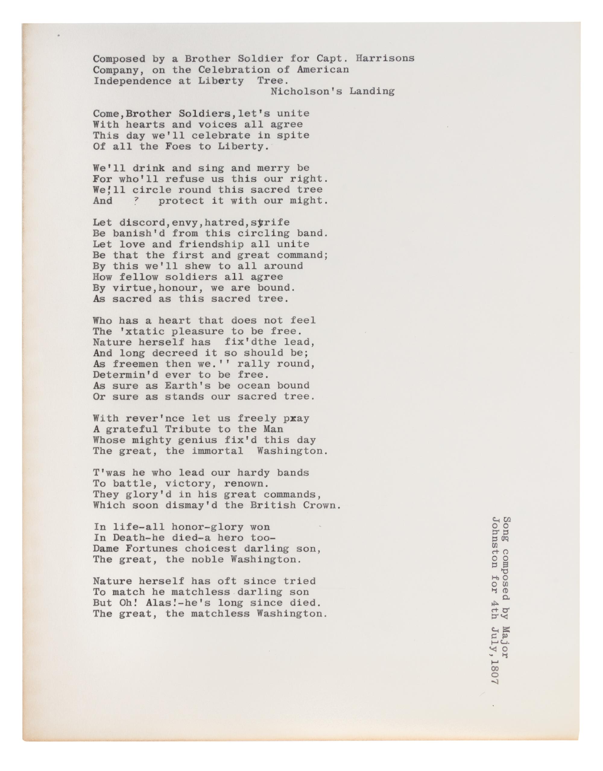 (AMERICANA) Manuscript song composed by Major Johnston for 4th of July, 1807. Two pages.