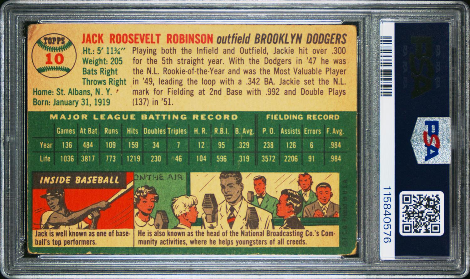 A 1954 Topps Jackie Robinson Baseball Card No. 10 (PSA 2.5 GOOD+)