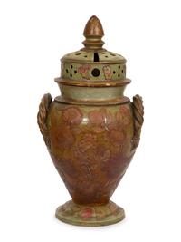A Continental Green Glazed Ceramic and Canvas Appliqué Vase Garniture