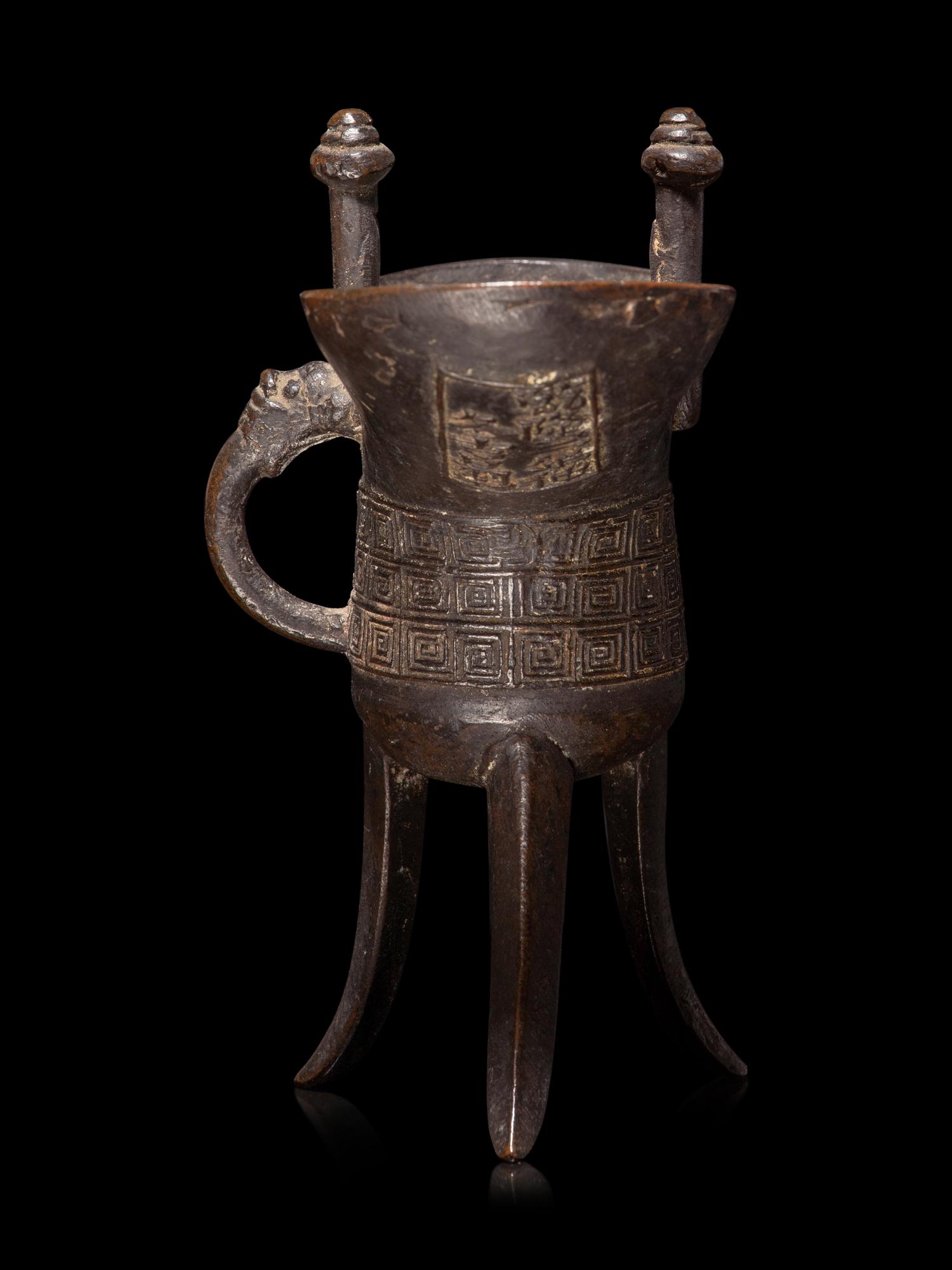 A Chinese Archaistic Style Bronze Libation Cup, Jue
