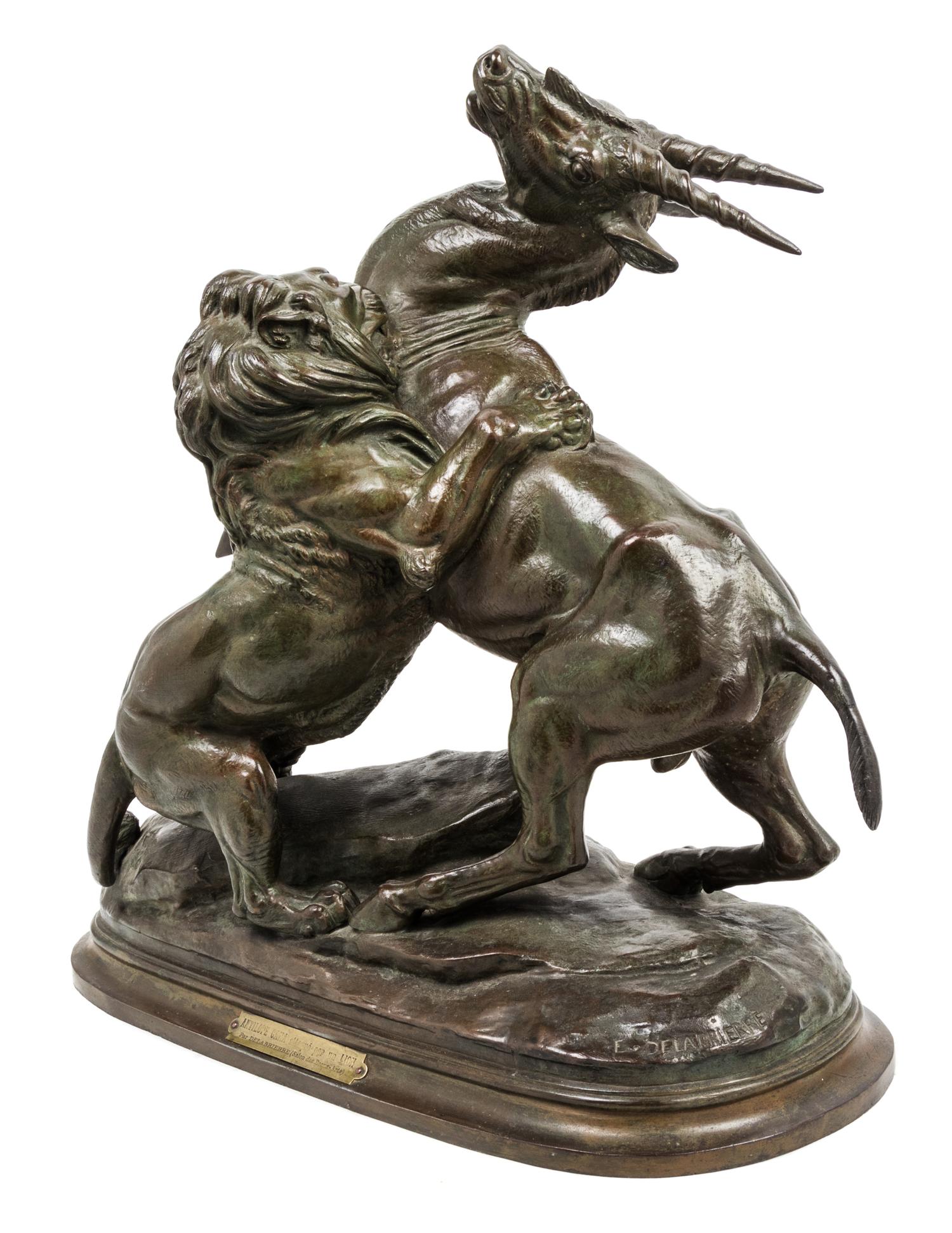 Paul-Edouard Delabrierre, (French, 1829-1912), Antilope cana attaque par un lion
