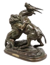 Paul-Edouard Delabrierre, (French, 1829-1912), Antilope cana attaque par un lion