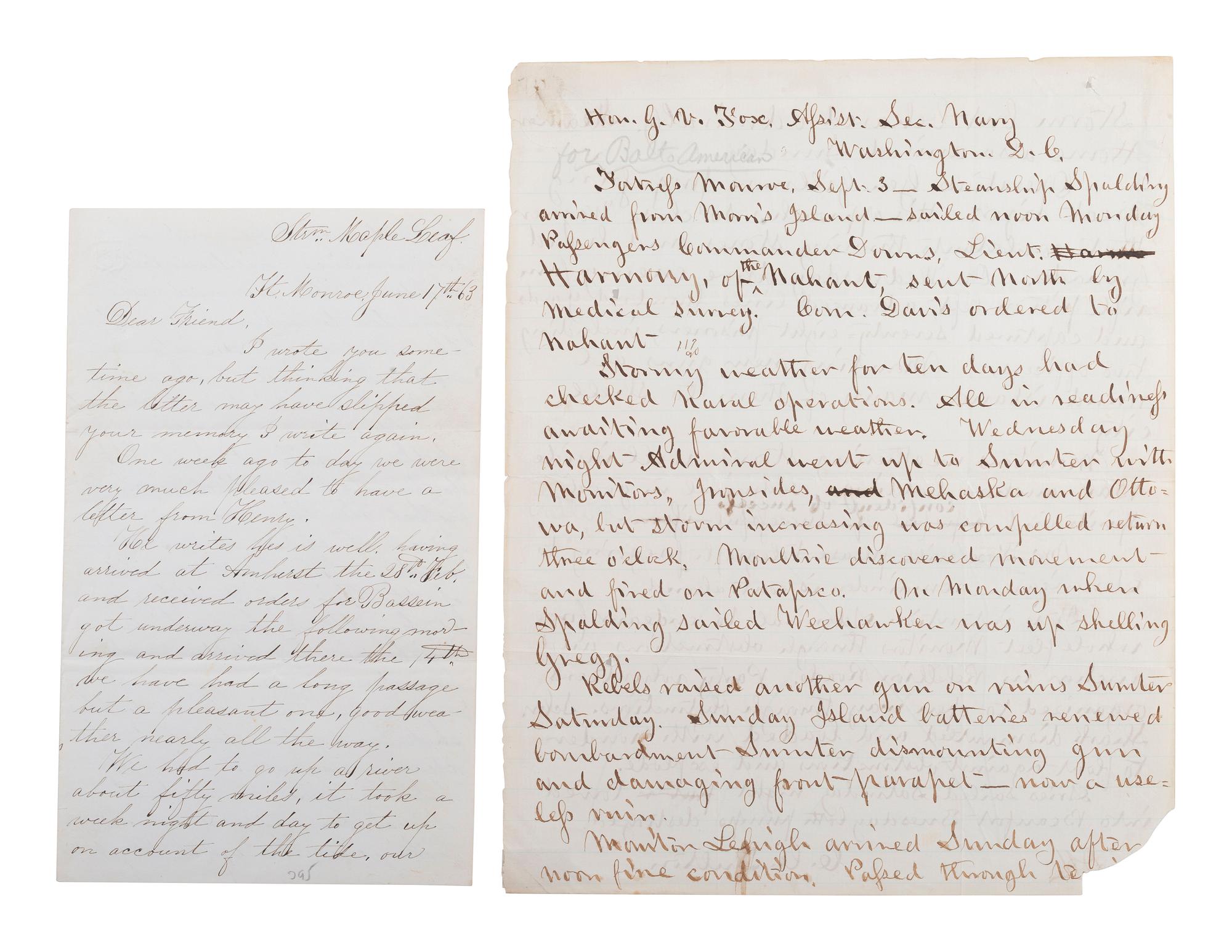 [CIVIL WAR]. Newspaperman's draft report on military operations at Fort Wagner and Fort Sumter.