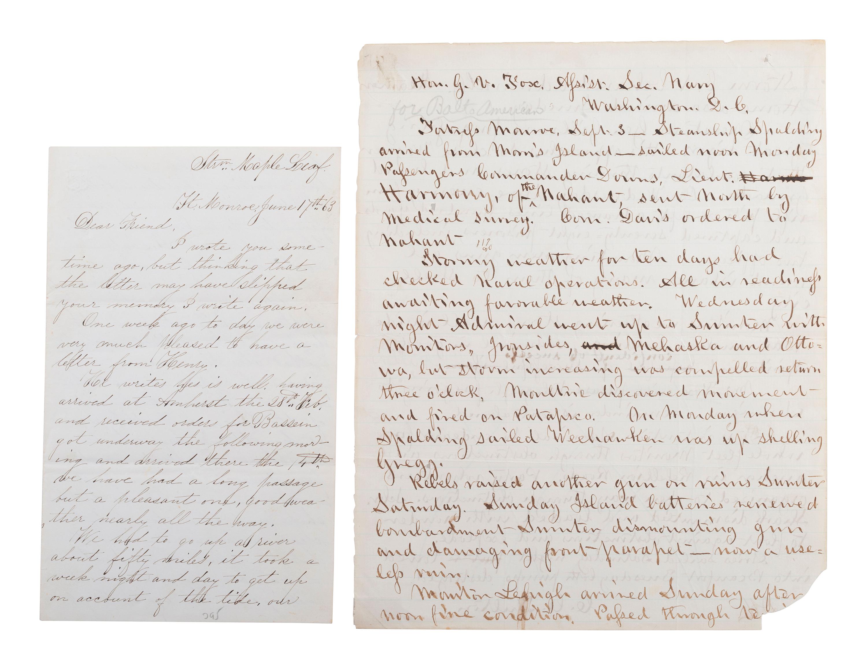[CIVIL WAR]. Newspaperman's draft report on military operations at Fort Wagner and Fort Sumter.