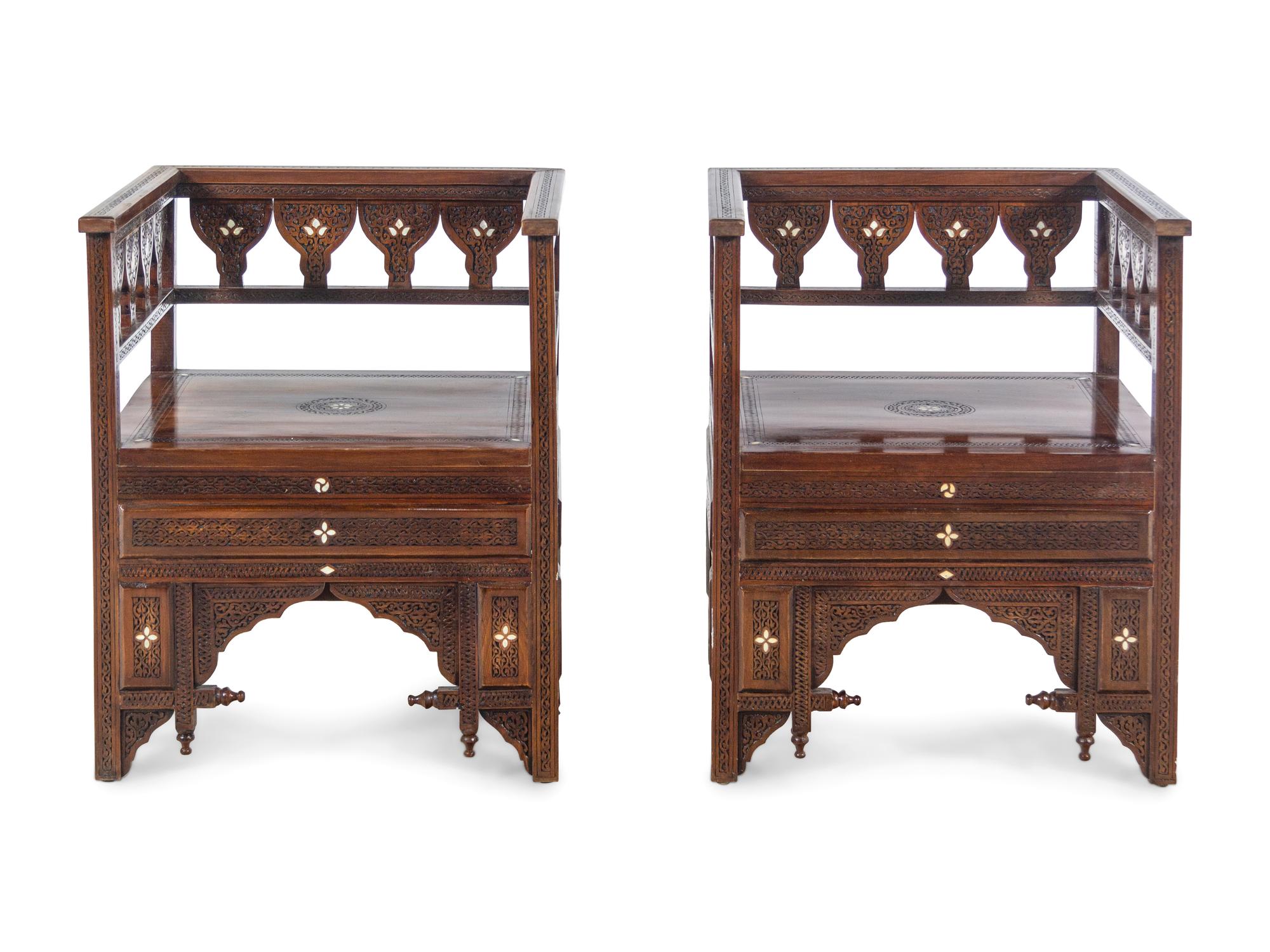 A Pair of Syrian Mother-of-Pearl Inlaid Carved Walnut Chairs