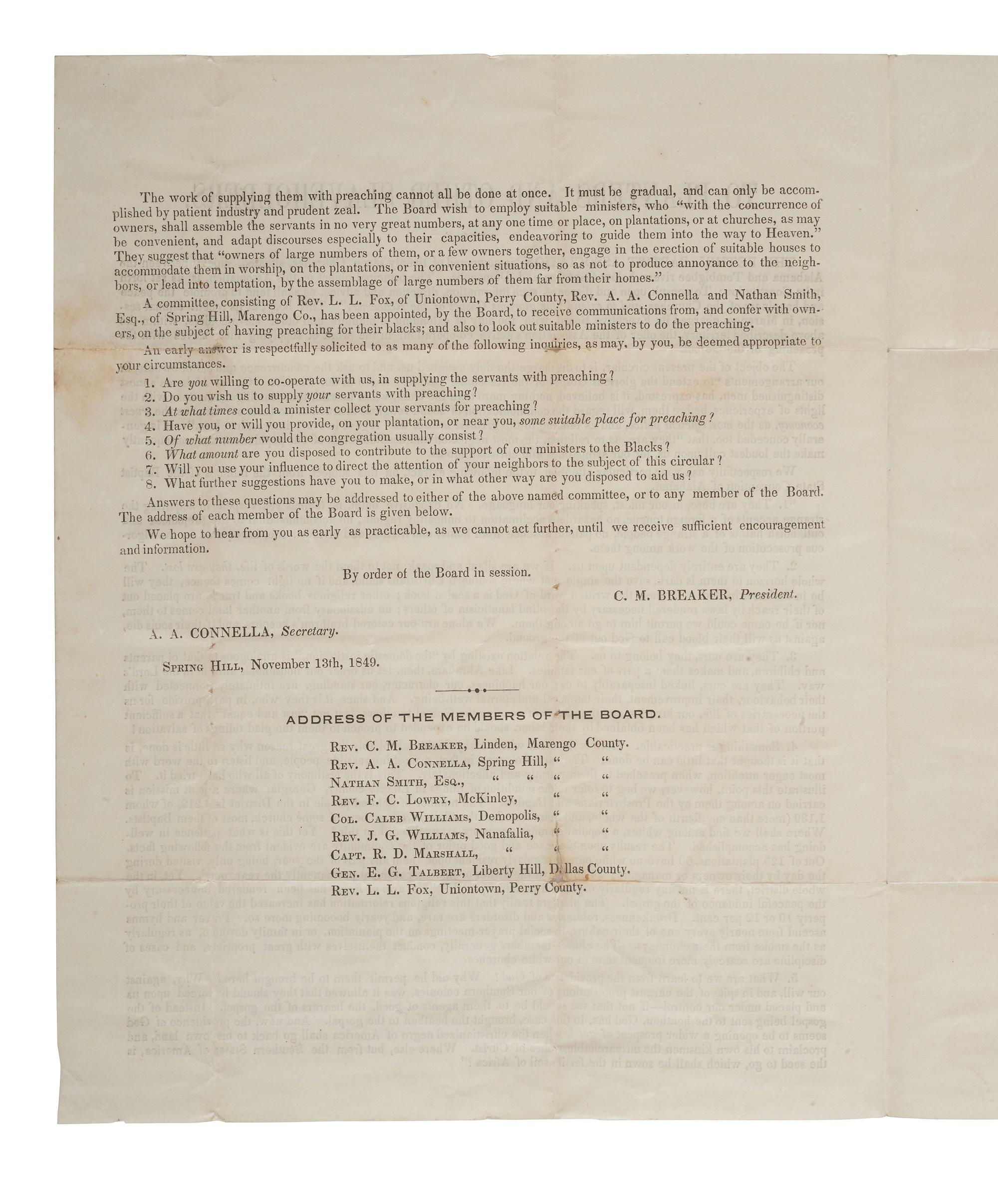 [SLAVERY & ABOLITION]. BREAKER, C.M. To Planters and Other Slaveholders. Spring Hill, AL, 13 November 1849. Handbill to evangelize to enslaved people.
