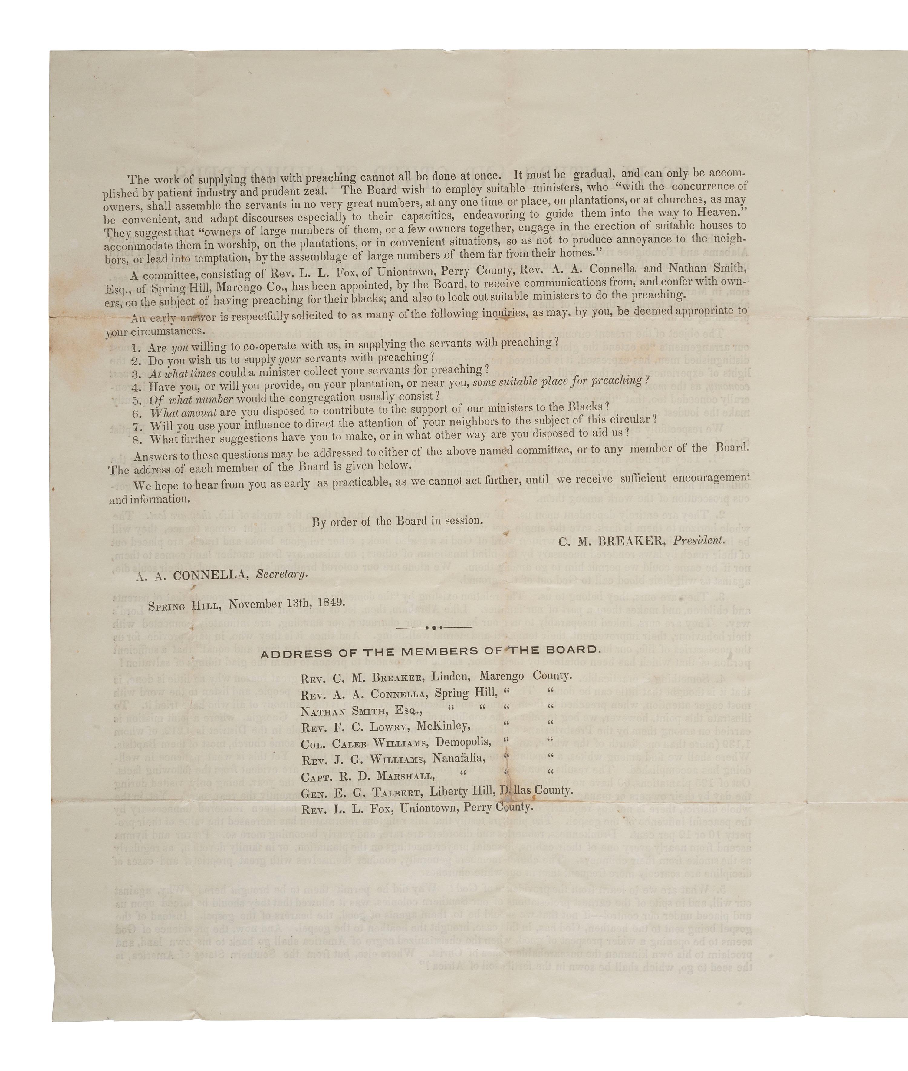 [SLAVERY & ABOLITION]. BREAKER, C.M. To Planters and Other Slaveholders. Spring Hill, AL, 13 November 1849. Handbill to evangelize to enslaved people.