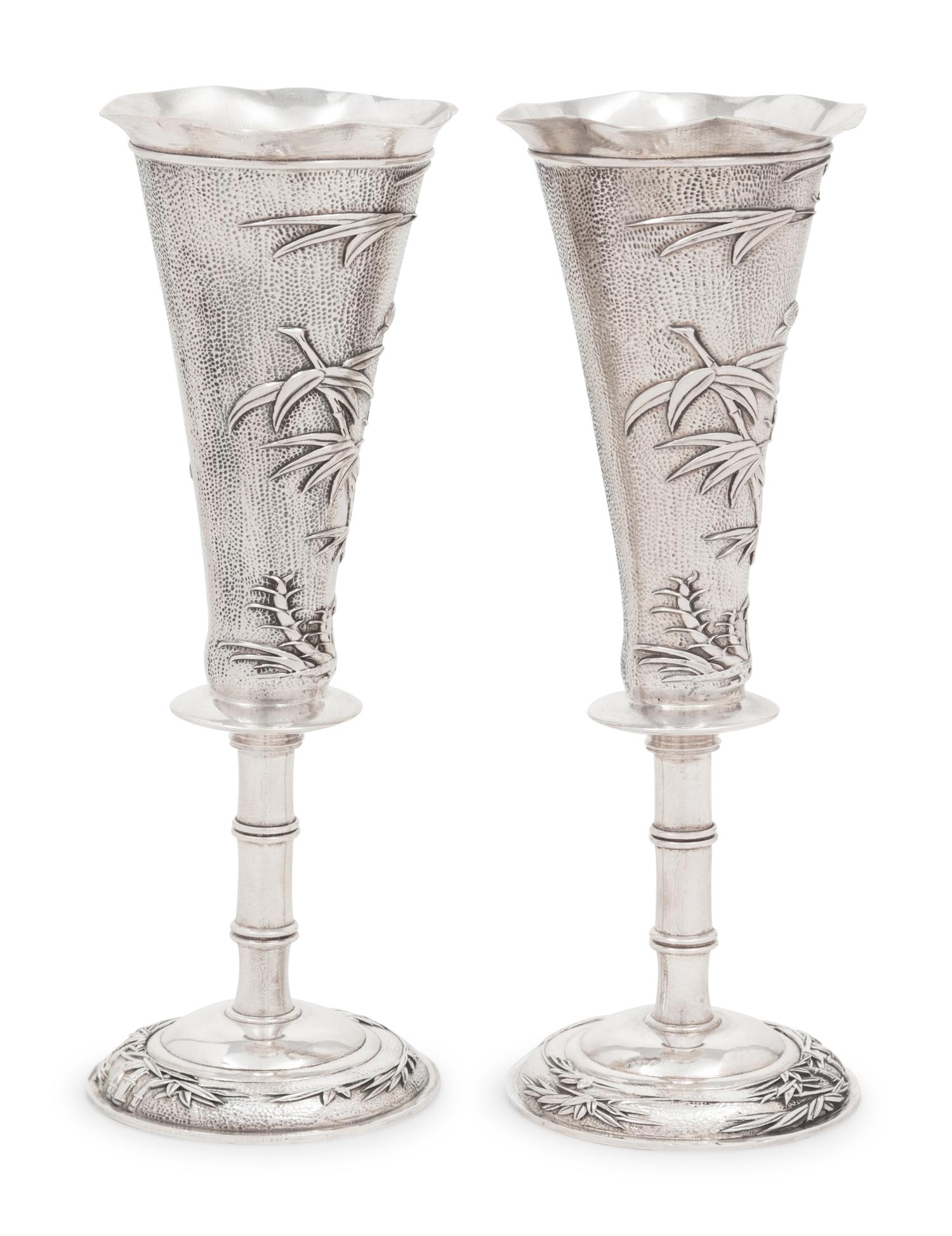 Pair of Chinese Export Silver Vases