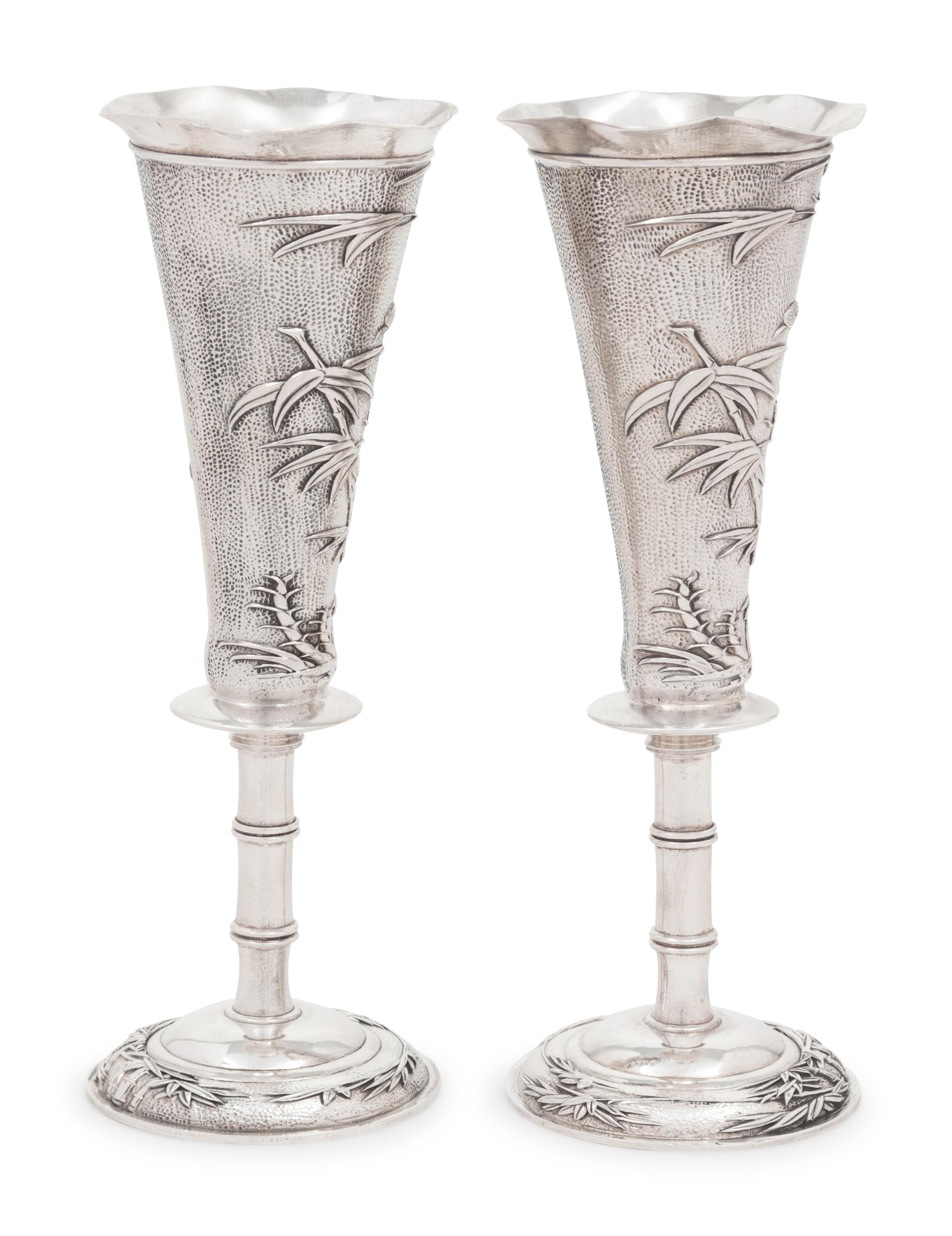 Pair of Chinese Export Silver Vases