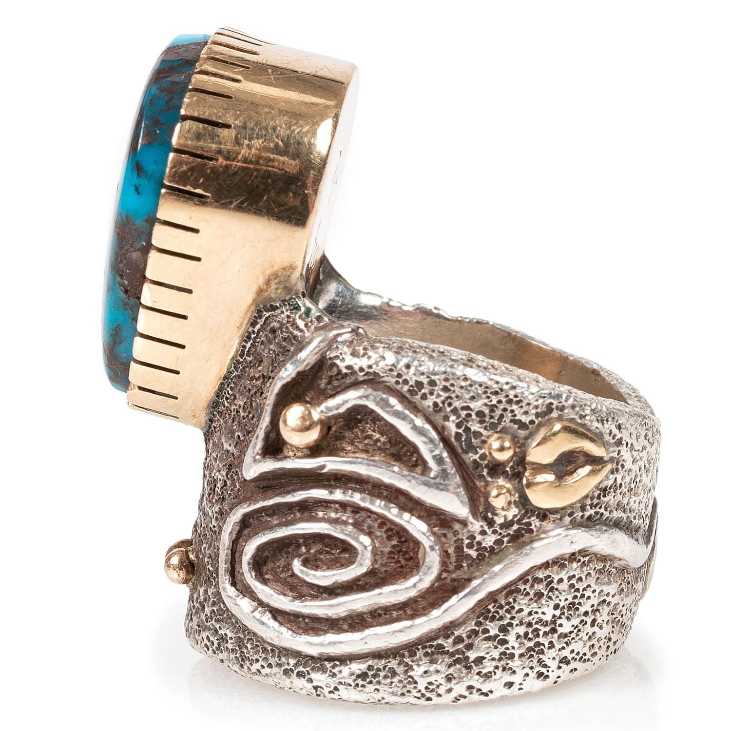 Tufa Cast Silver Ring, with Bisbee Turquoise Cabochon and Accented with 14k Gold