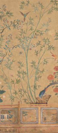 A Pair of Chinese Painted Wall Paper Panels Height 85 x width 43 1/2 inches. — 20TH CENTURY
