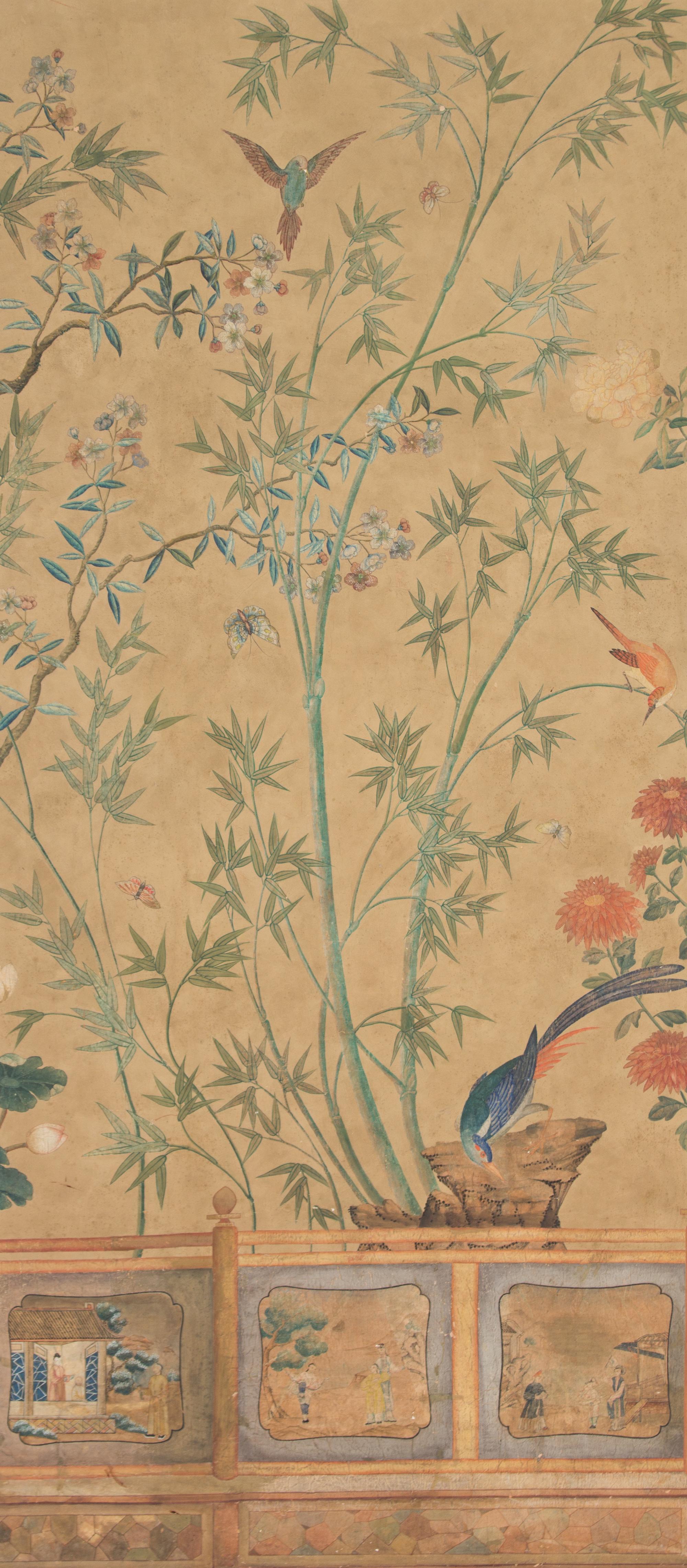 A Pair of Chinese Painted Wall Paper Panels Height 85 x width 43 1/2 inches. — 20TH CENTURY