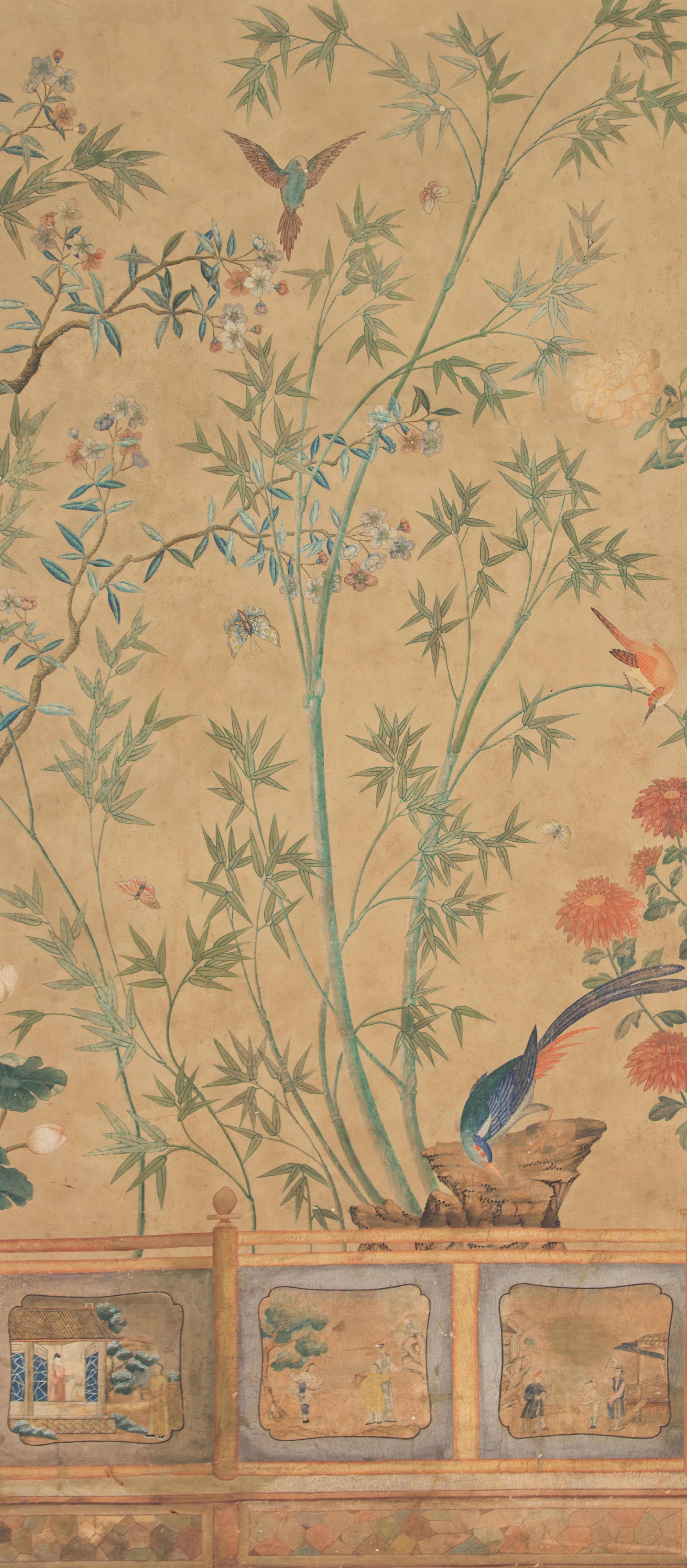 A Pair of Chinese Painted Wall Paper Panels Height 85 x width 43 1/2 inches. — 20TH CENTURY