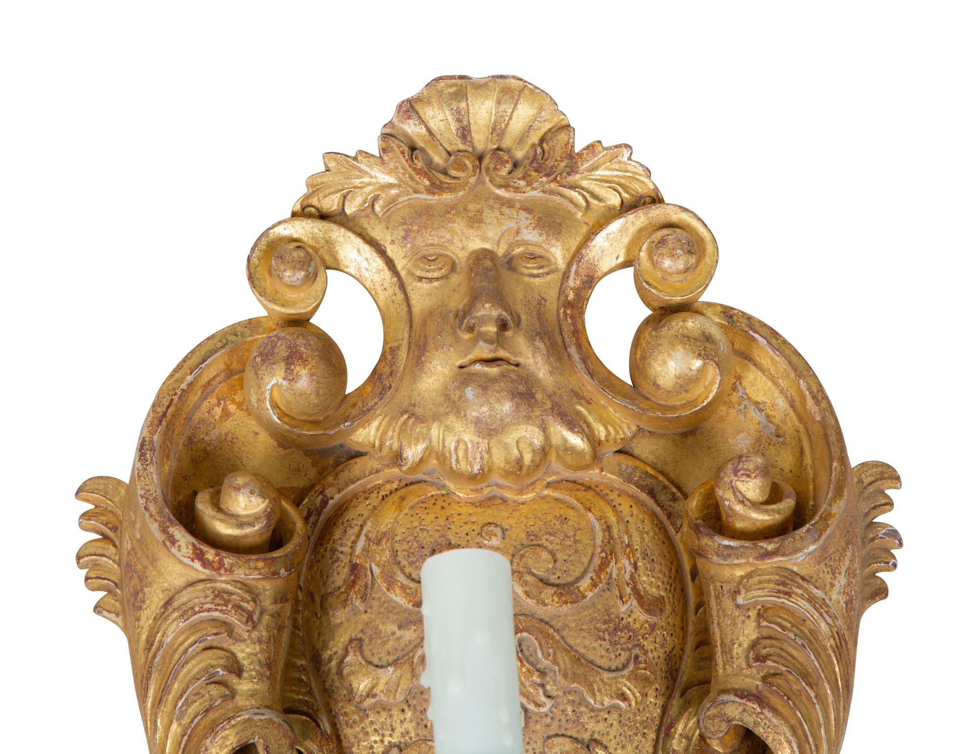 A Pair of Italian Baroque Style Giltwood and Bronze Single-Light Sconces — 19TH CENTURY
