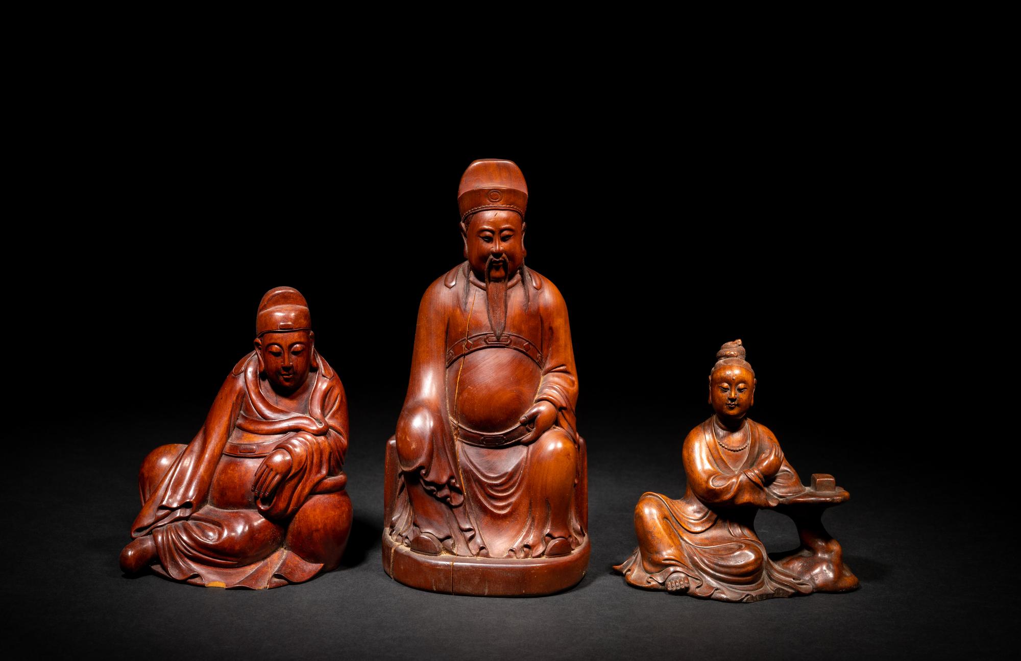 Three Chinese Carved Wood Figures