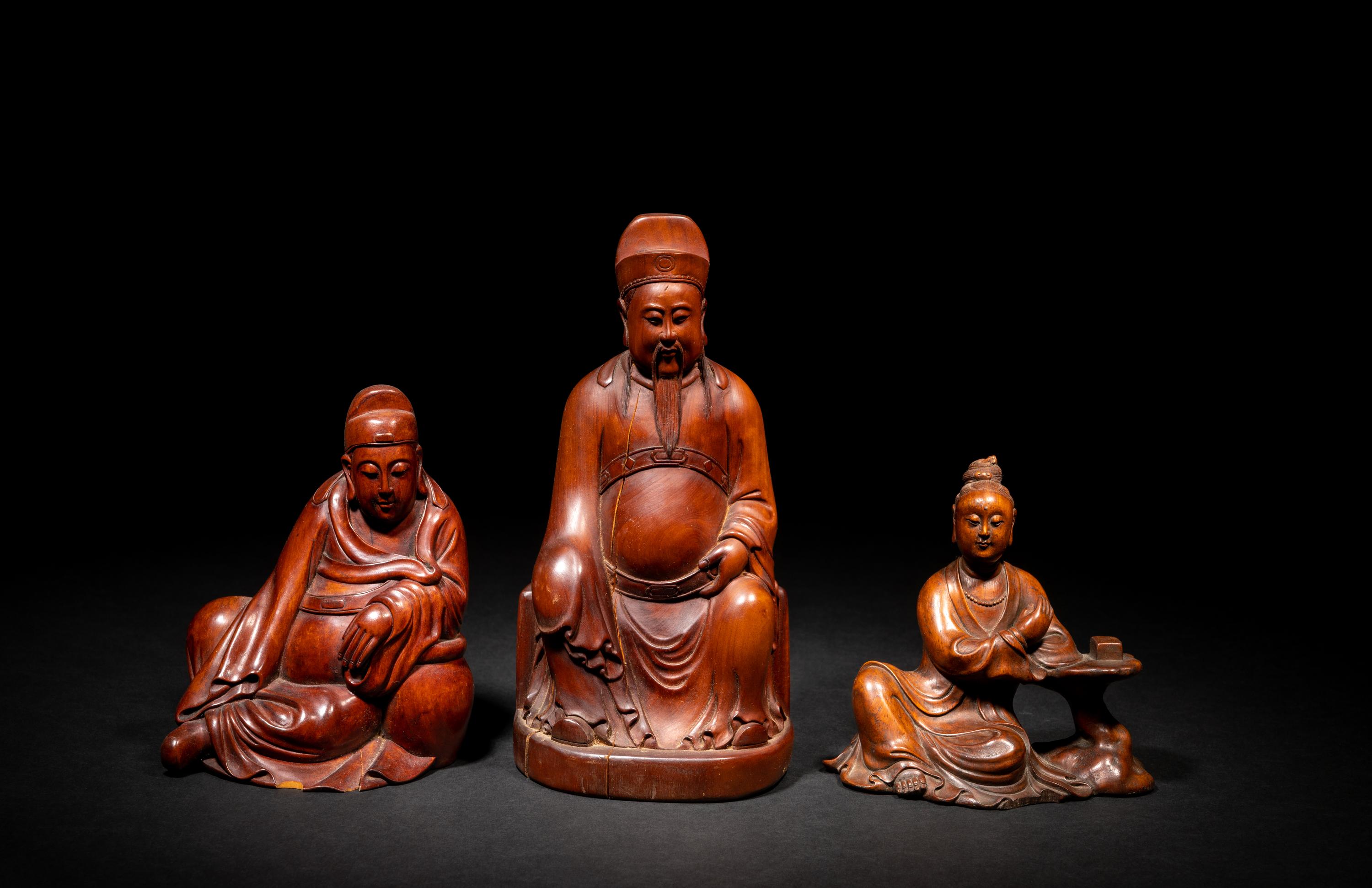 Three Chinese Carved Wood Figures