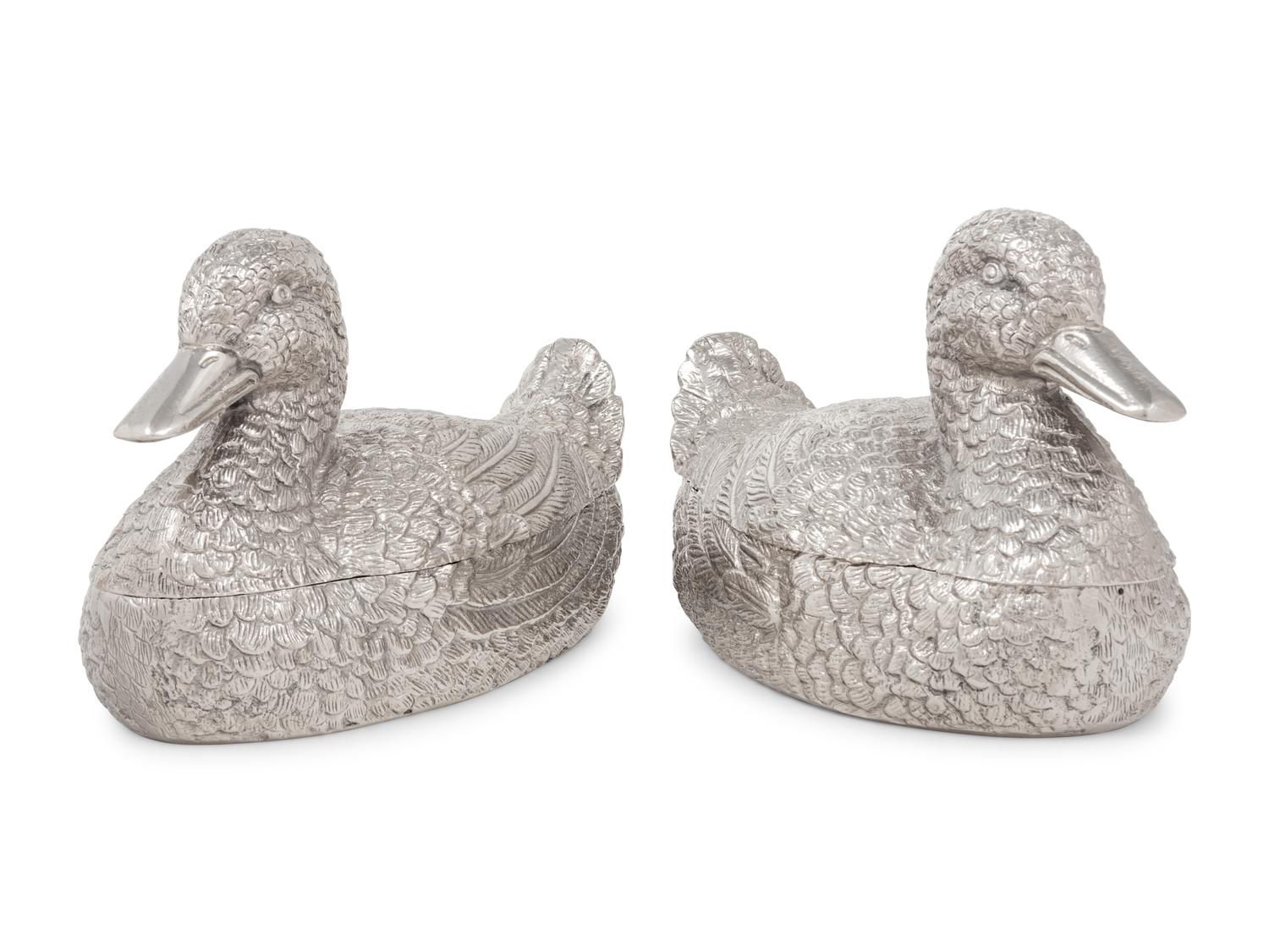 A Pair of Silvered Metal Duck-Form Boxes