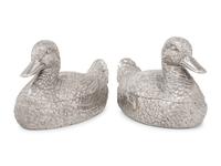 A Pair of Silvered Metal Duck-Form Boxes