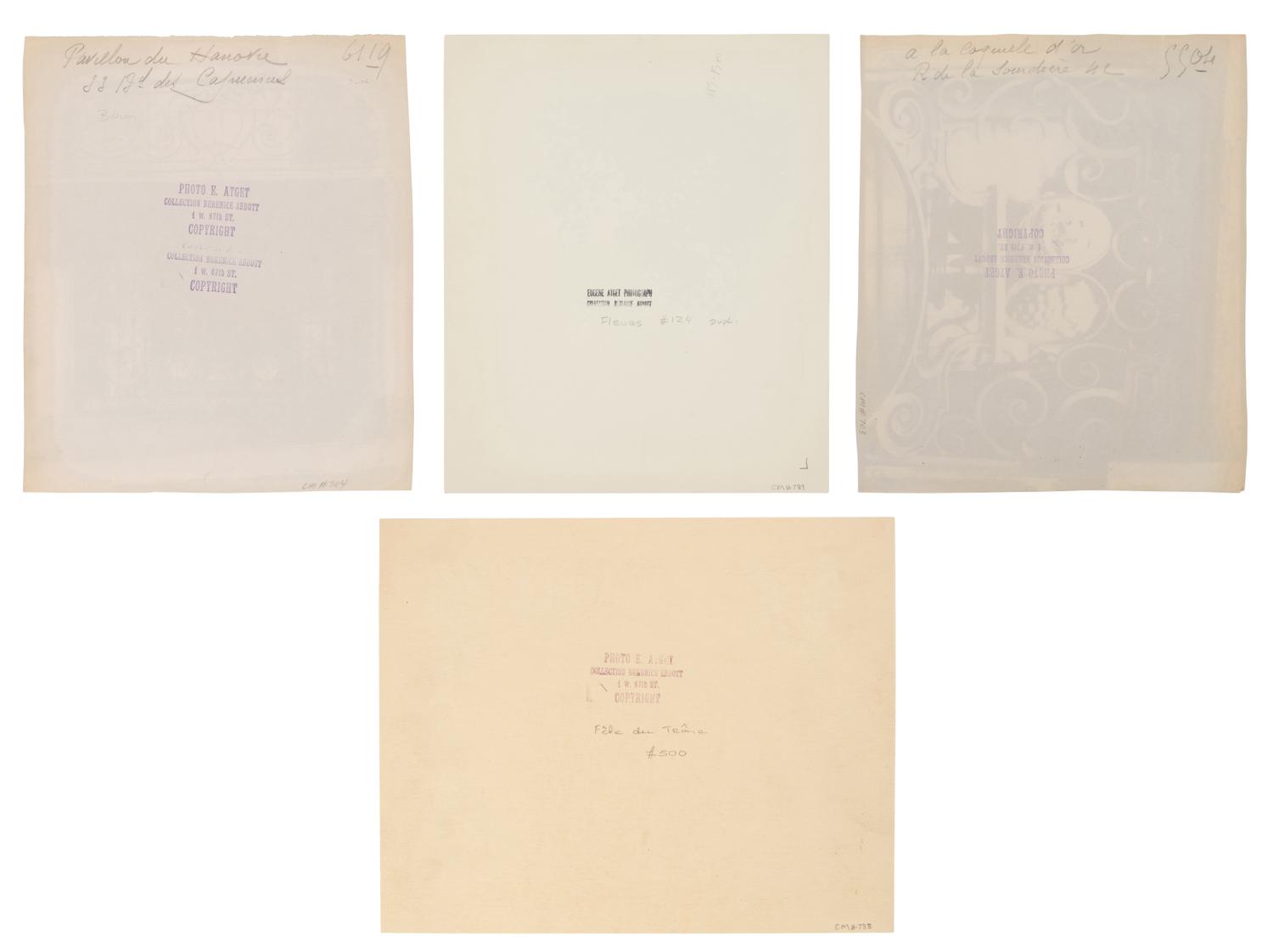 A group of four photographs ( Á la Coquille d'Or, rue de la Sourdière, 4e, 1908; Pavilion du Hanovre, boulevard des Capucines 33 , 1913; Fête du Trône , 1914; Fleurs [Boulevard Saint Michel] , 1926-1927)