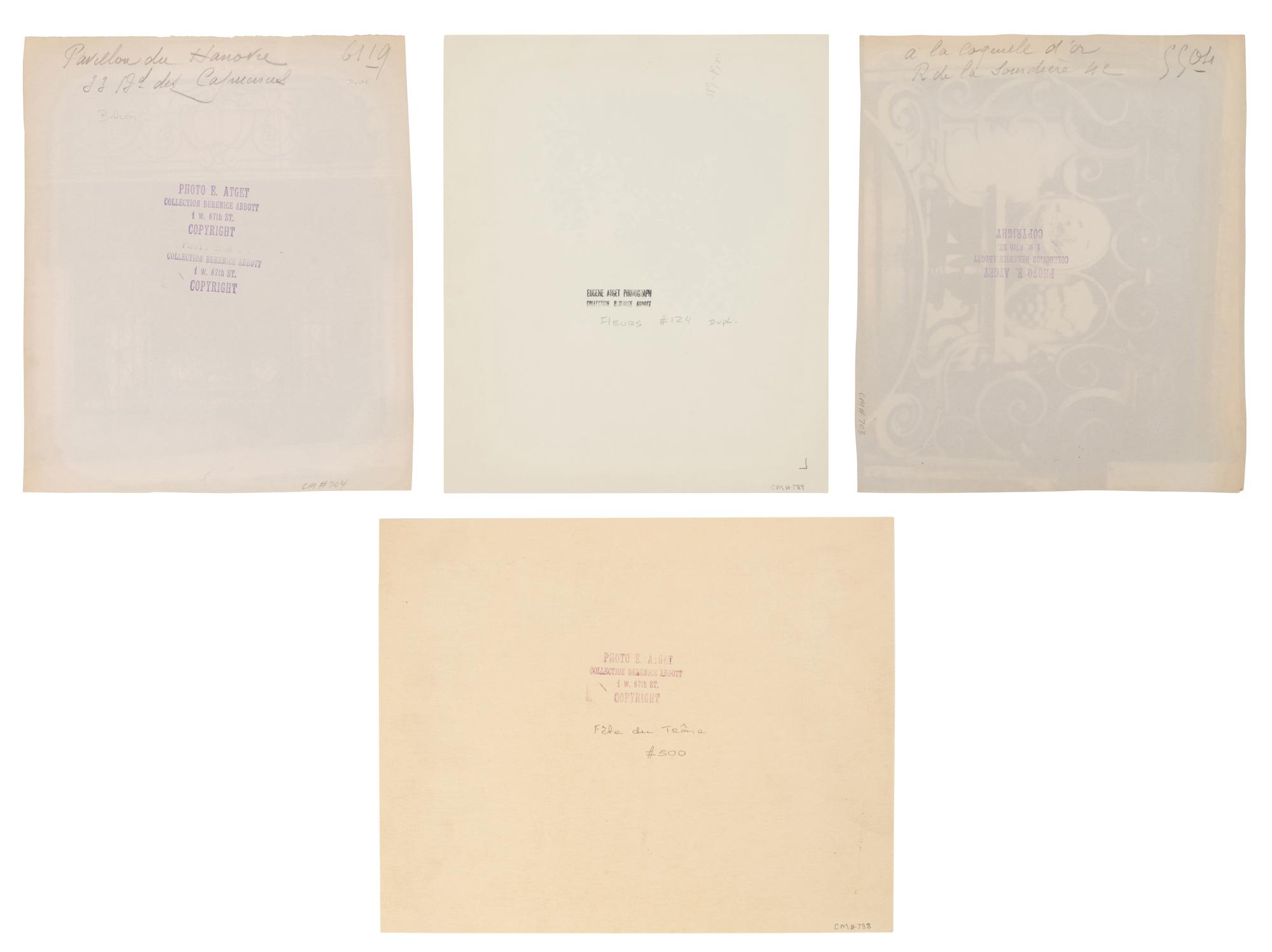 A group of four photographs ( Á la Coquille d'Or, rue de la Sourdière, 4e, 1908; Pavilion du Hanovre, boulevard des Capucines 33 , 1913; Fête du Trône , 1914; Fleurs [Boulevard Saint Michel] , 1926-1927)