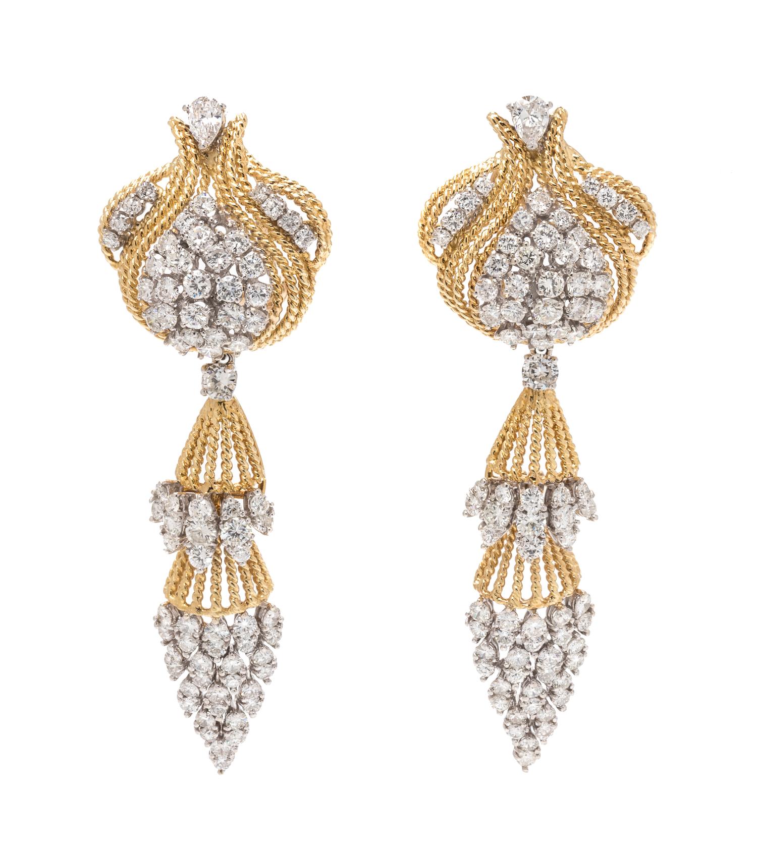 A Pair of Bicolor Gold and Diamond Convertible Earclips,