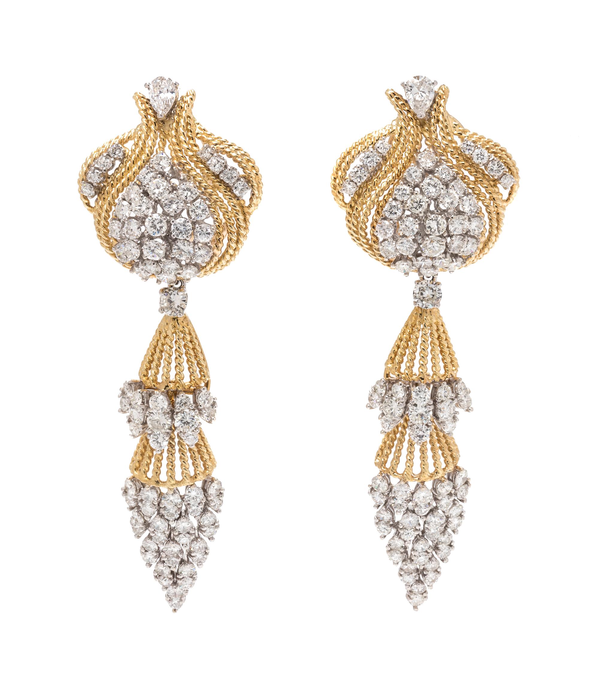 A Pair of Bicolor Gold and Diamond Convertible Earclips,