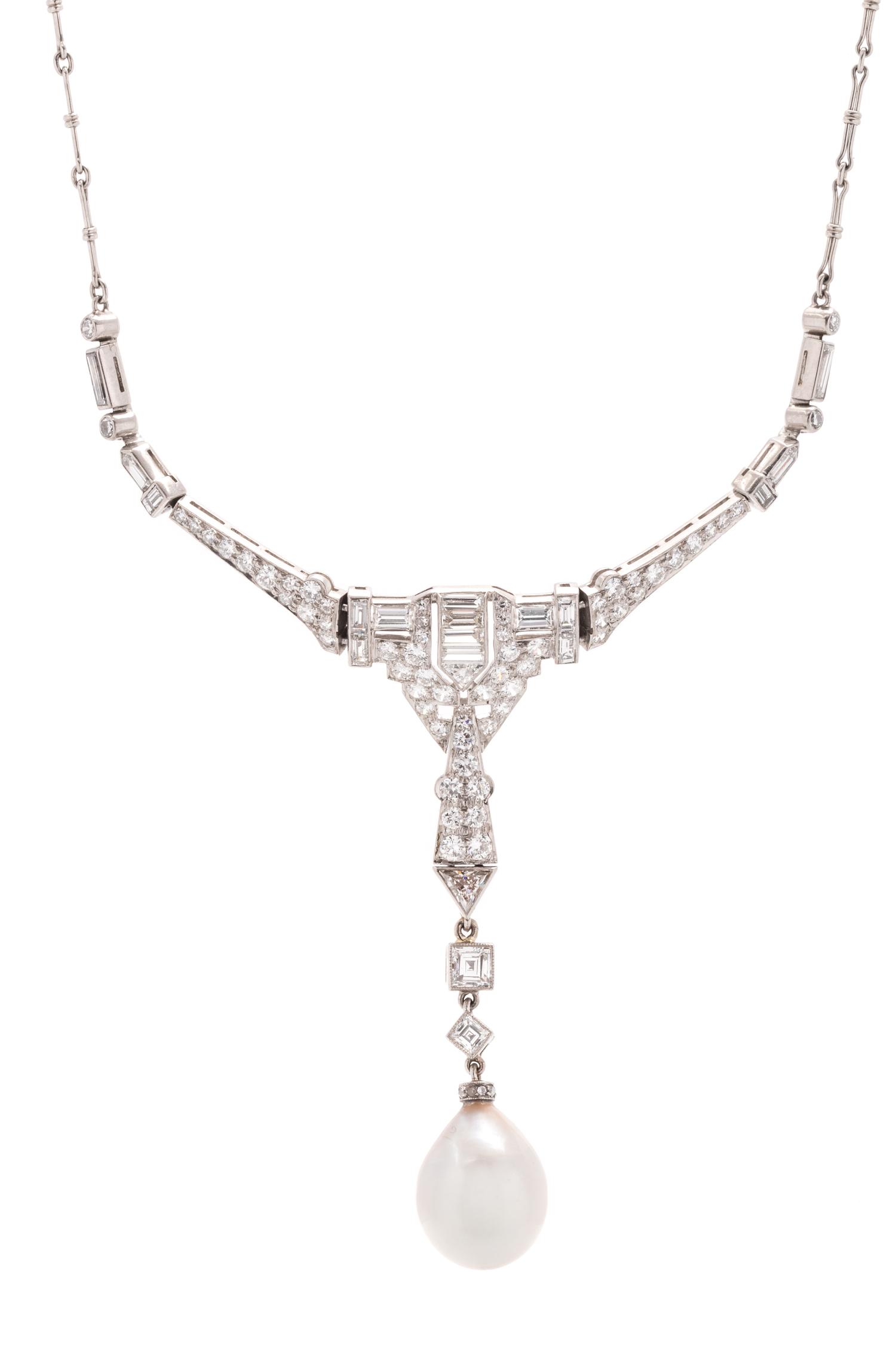 TIFFANY & CO., ART DECO, DIAMOND AND NATURAL PEARL NECKLACE