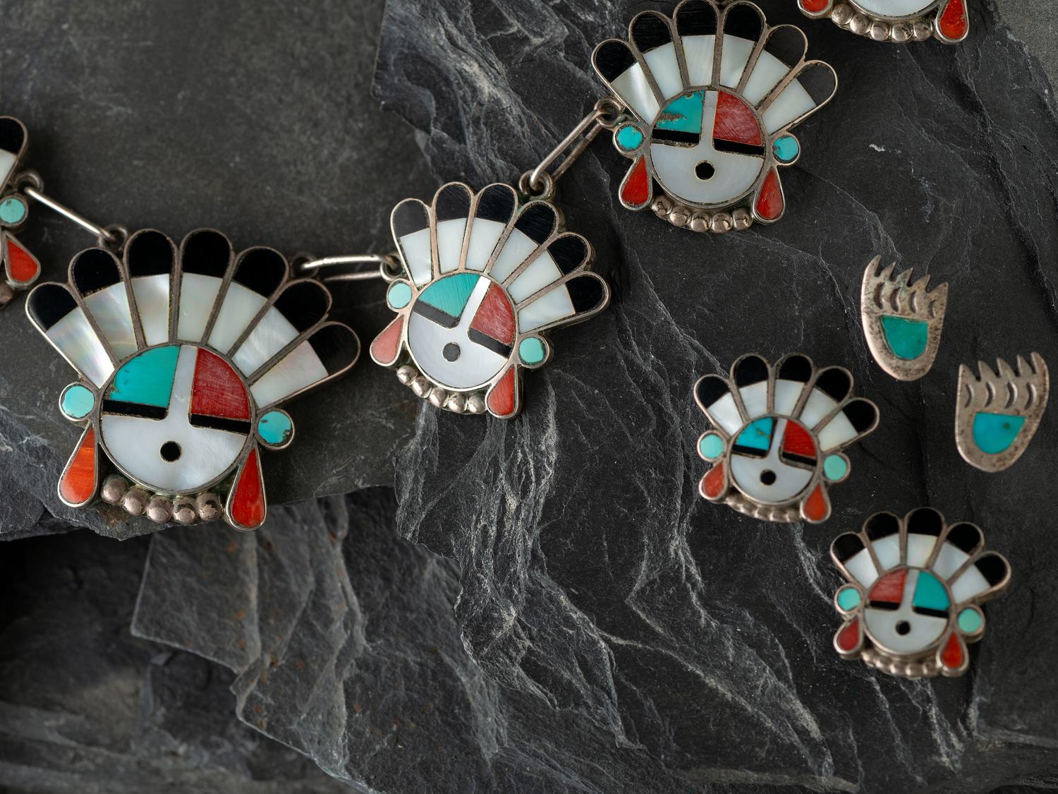 Zuni Mosaic Inlay Sunface Necklace and Clip Earrings, PLUS