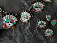 Zuni Mosaic Inlay Sunface Necklace and Clip Earrings, PLUS