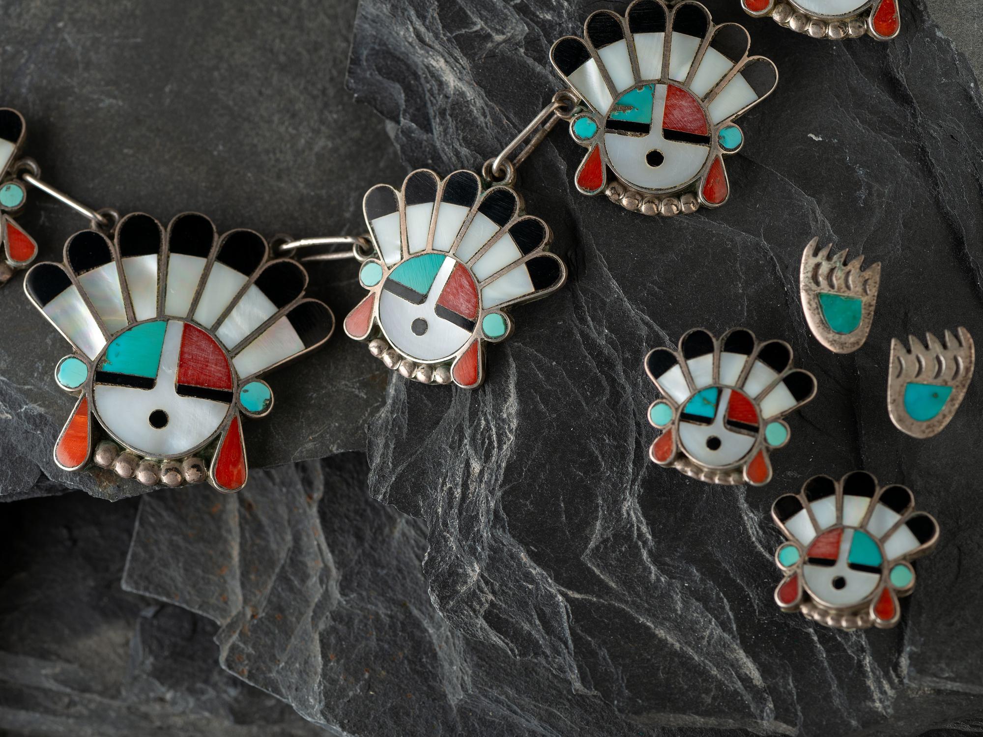 Zuni Mosaic Inlay Sunface Necklace and Clip Earrings, PLUS