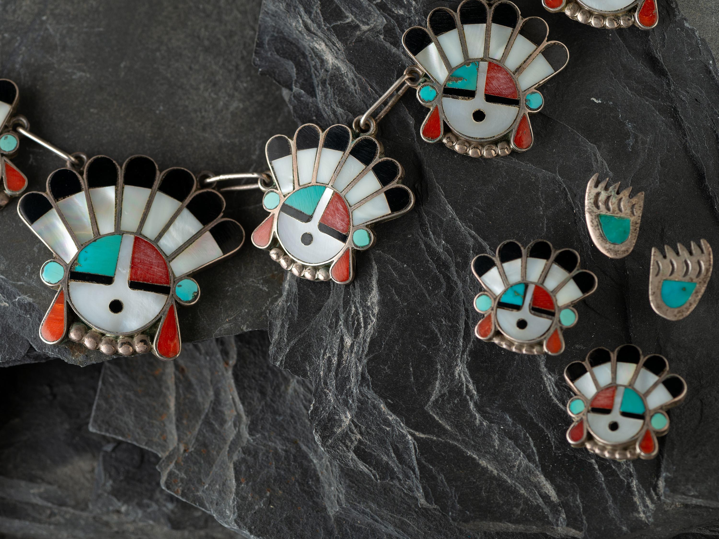 Zuni Mosaic Inlay Sunface Necklace and Clip Earrings, PLUS