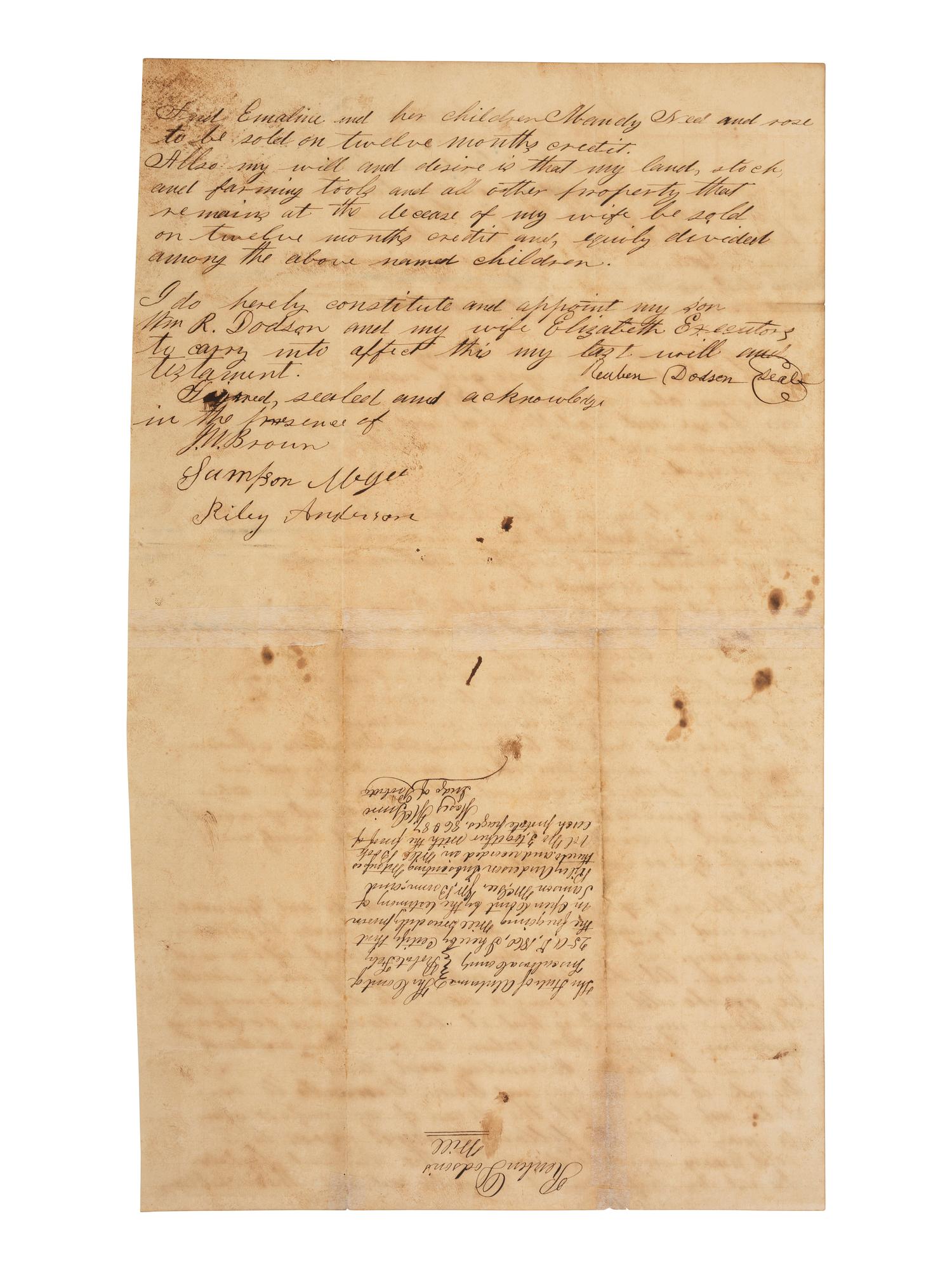 [ENSLAVEMENT & ABOLITION]. Manuscript will of Reuben Dodson bequeathing multiple enslaved persons to his wife and children. Tuscaloosa County, AL, 23 January 1860.