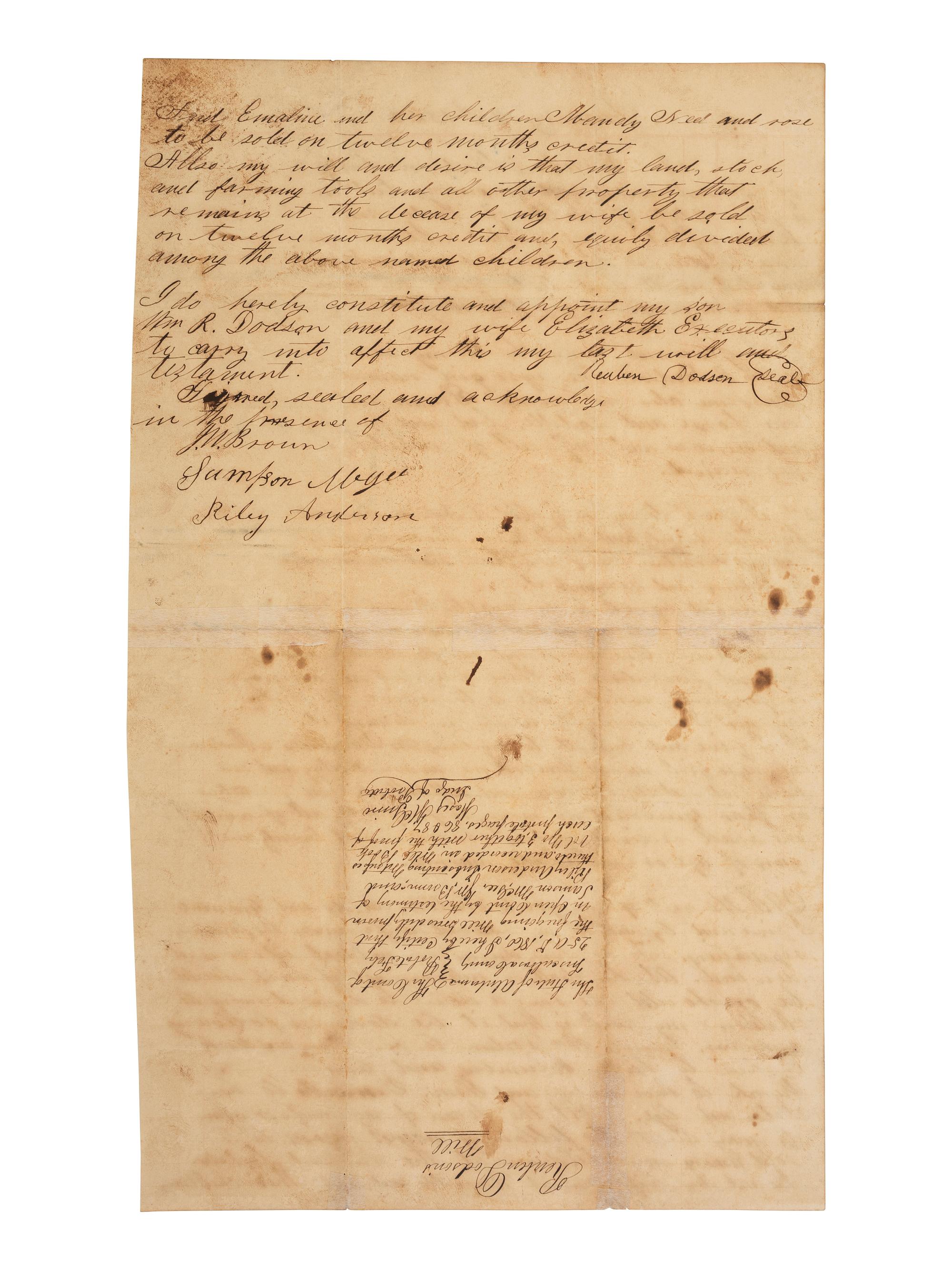 [ENSLAVEMENT & ABOLITION]. Manuscript will of Reuben Dodson bequeathing multiple enslaved persons to his wife and children. Tuscaloosa County, AL, 23 January 1860.