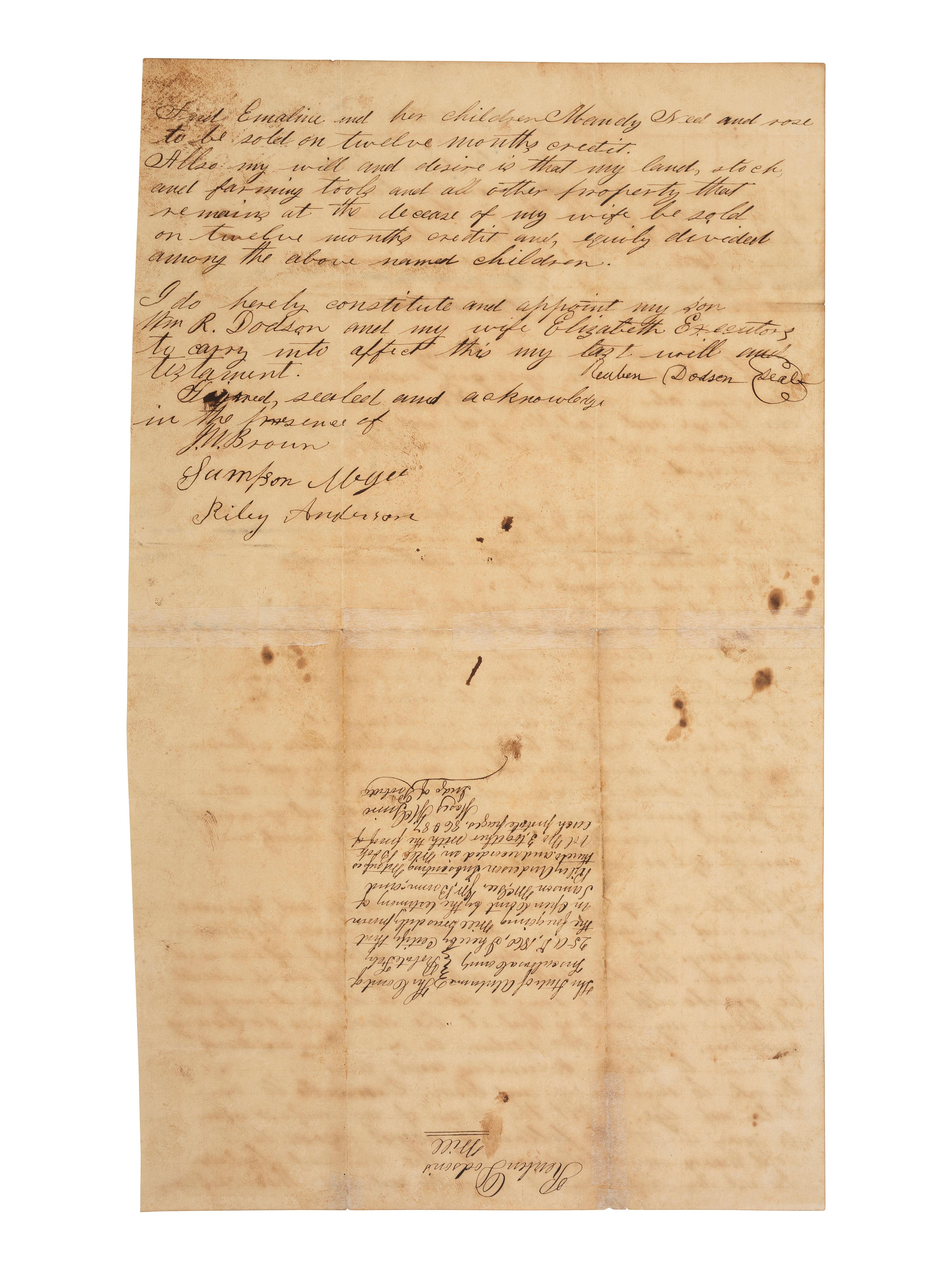 [ENSLAVEMENT & ABOLITION]. Manuscript will of Reuben Dodson bequeathing multiple enslaved persons to his wife and children. Tuscaloosa County, AL, 23 January 1860.