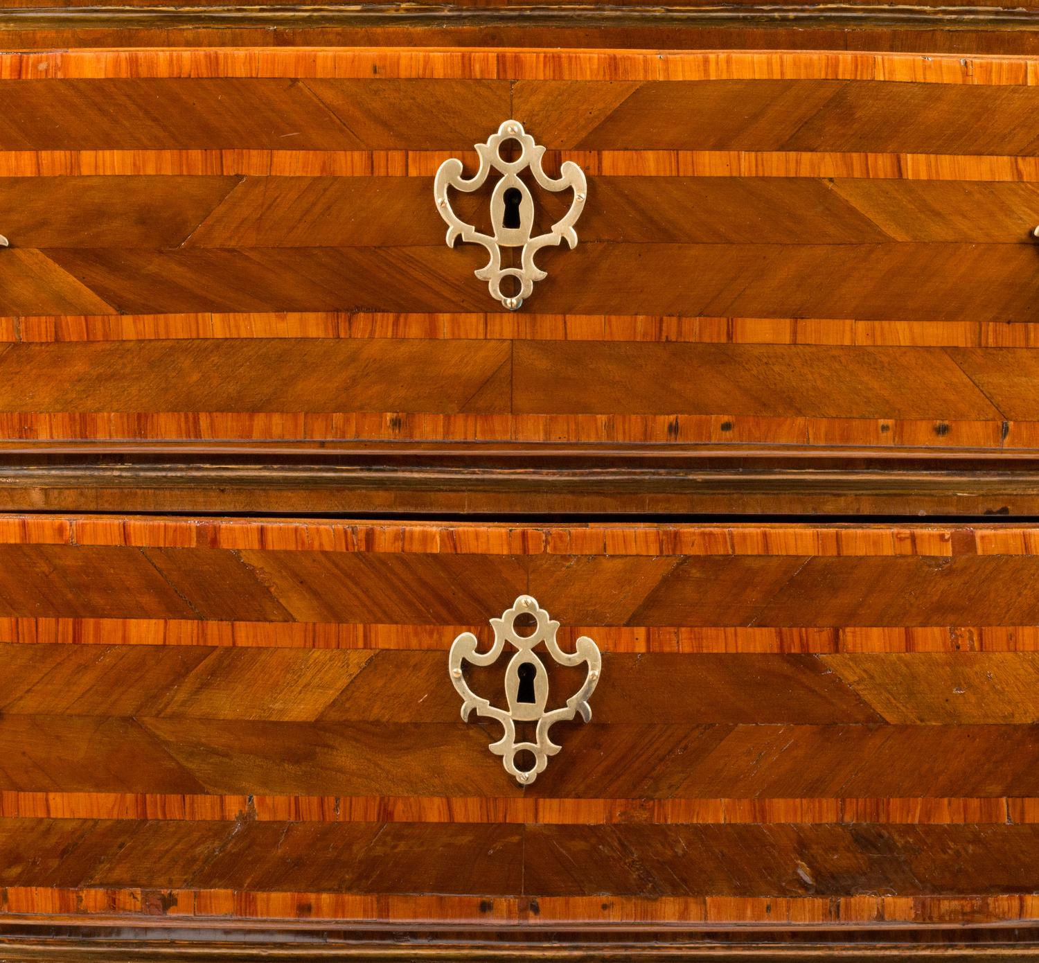 A Continental Walnut, Marquetry and Scagliola-Inset Commode